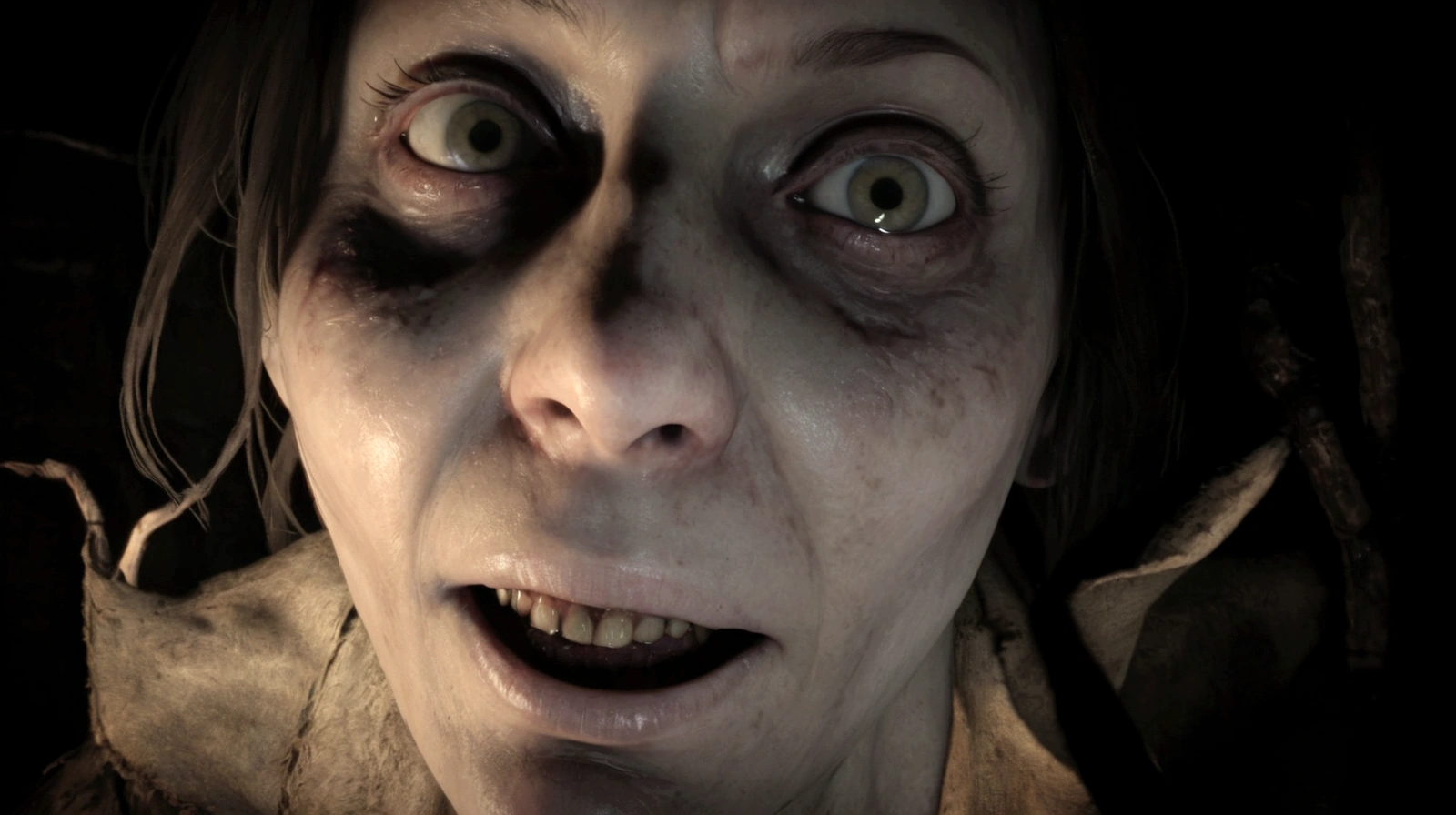 arafed woman with a creepy face and eyes in a dark room, jack baker from resident evil 7, jump scare, resident evil 7, indie video game horror, horror video game, haunting face, face of a pale alien cultist, evil dead face, horror game graphics, highly detailed horror, unsettling grin, tired haunted expression, uhd face details