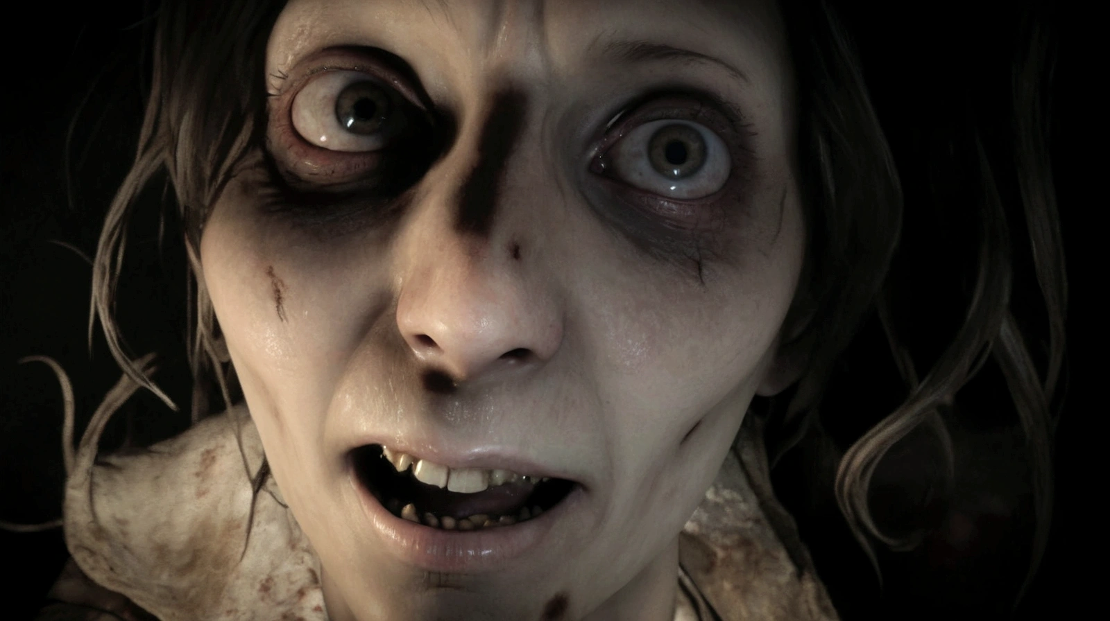 arafed woman with a creepy face and eyes in a dark room, jack baker from resident evil 7, jump scare, resident evil 7, indie video game horror, horror video game, haunting face, face of a pale alien cultist, evil dead face, horror game graphics, highly detailed horror, unsettling grin, tired haunted expression, uhd face details