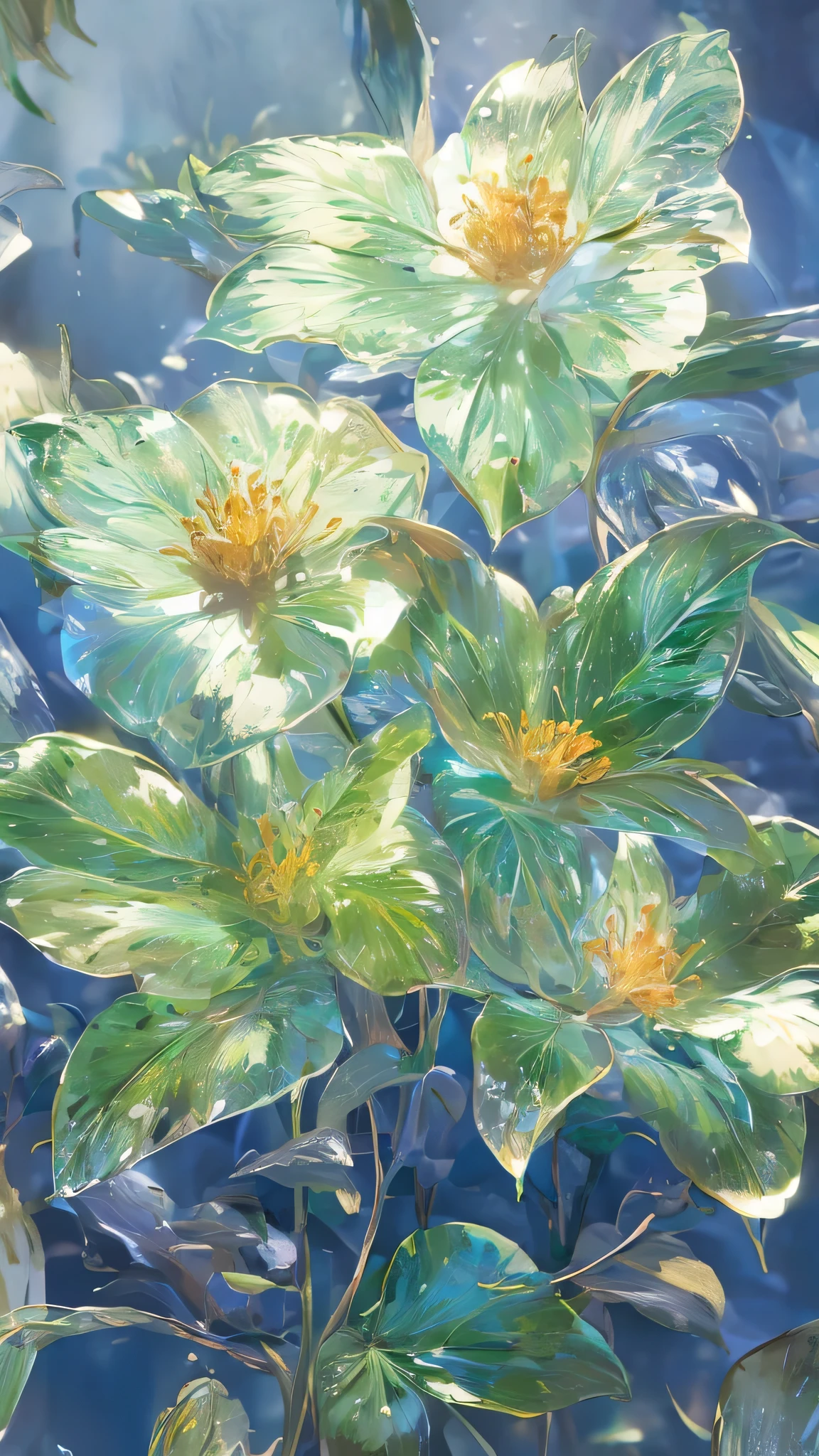 ((1 leaf)),Golden,green,vein,Glass texture, Gradient translucent glass melt, Caustic lines, Clean,Detailed texture