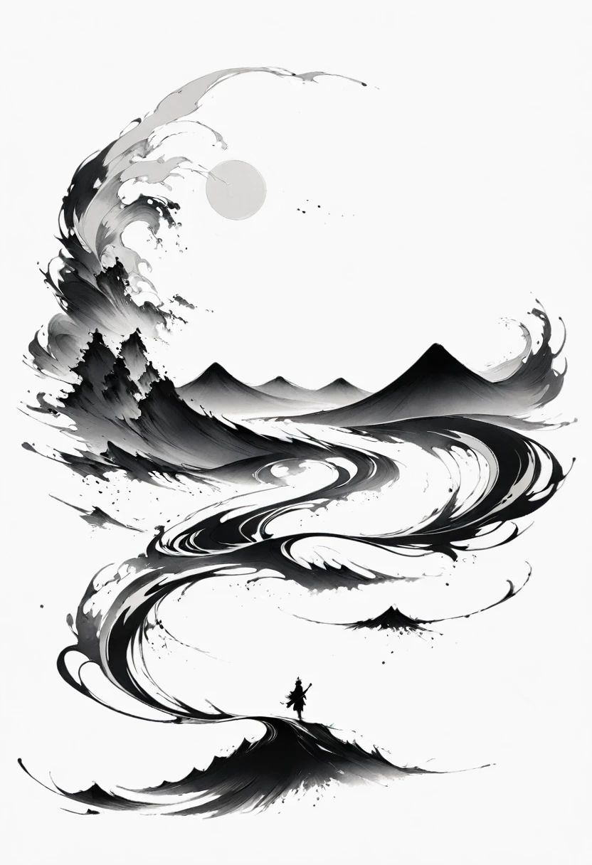 (Lots of white space:1.5),(Lots of white space around:1.6), White background, simple, Minimalism, abstract,Freehand,Aesthetic,black and white,Ink Painting,antiquity,A person far away,A distant mountain