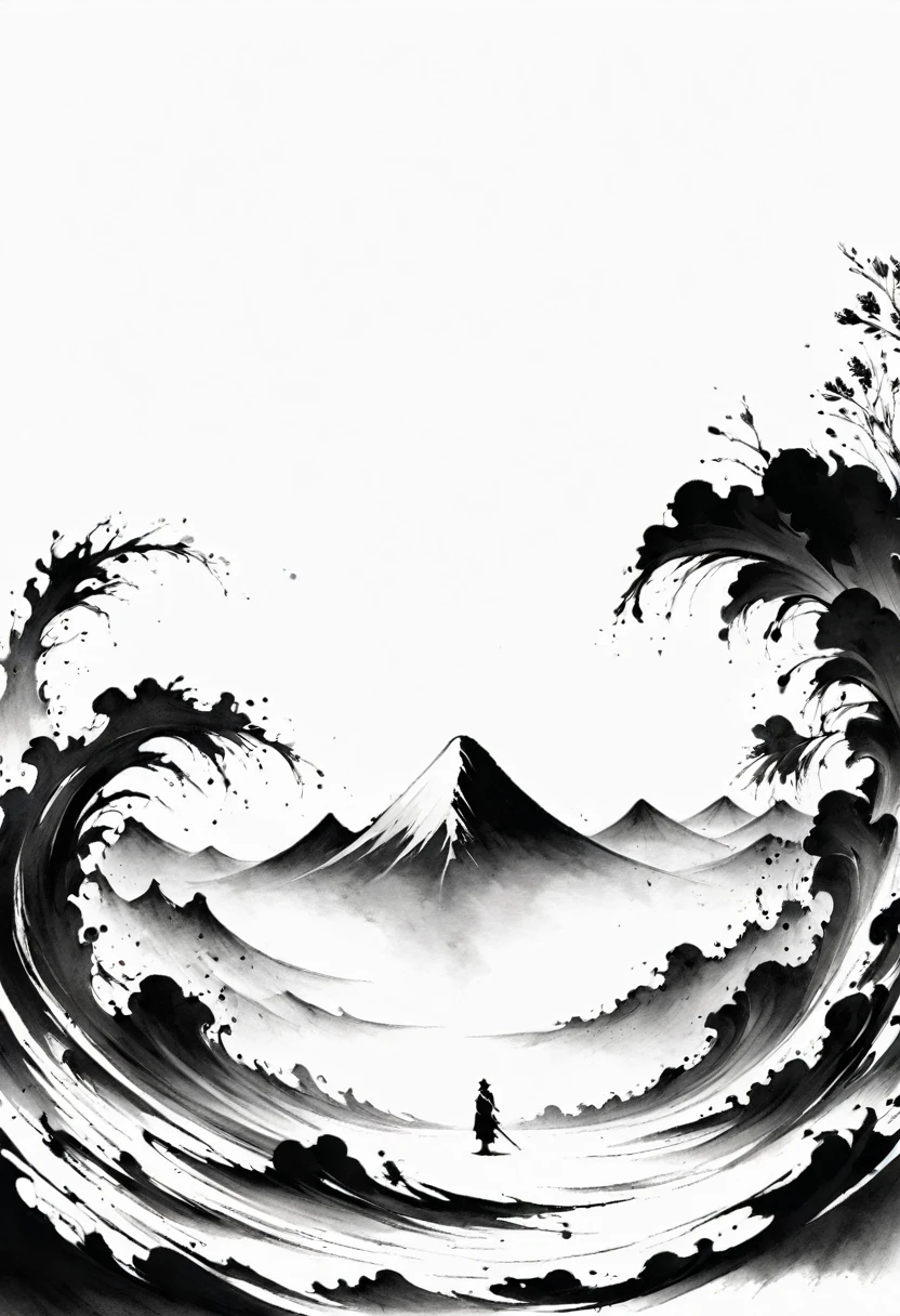 (Lots of white space:1.5),(Lots of white space around:1.6), White background, simple, Minimalism, abstract,Freehand,Aesthetic,black and white,Ink Painting,antiquity,A person far away,A distant mountain