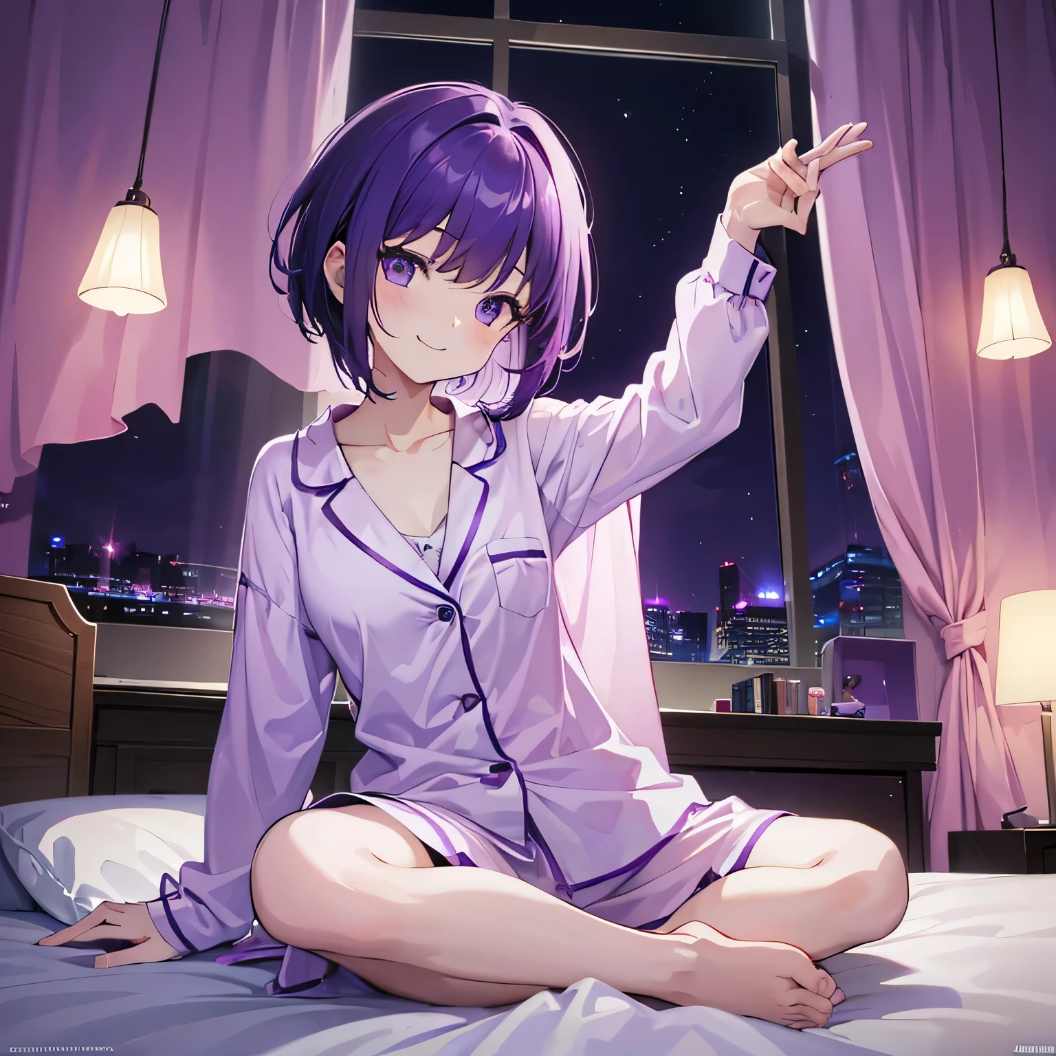(T Masterpiece，4K wallpaper，Best Quality))、((girl１people))、(solo)、Bright and Brilliant，(Purple Hair)、(Shortcuts:1.3)、smile、Bedroom、pajamas、night