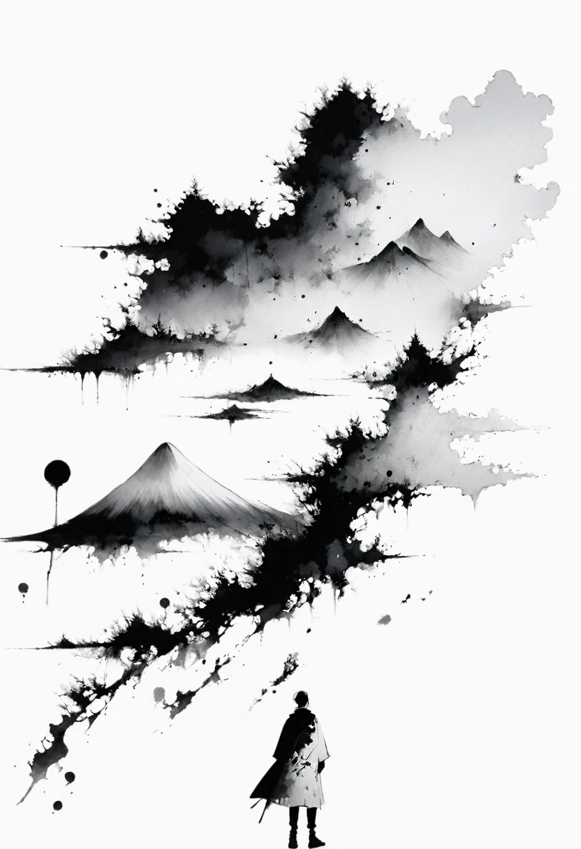 (Lots of white space:1.5)，(Lots of white space around:1.6), White background, simple, Minimalism, abstract,Freehand，Aesthetic，black and white，Ink Painting，antiquity，A person far away，A distant mountain