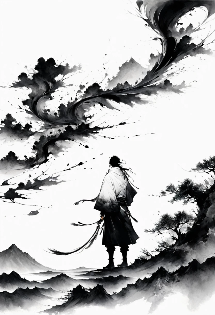 (Lots of white space:1.5),(Lots of white space around:1.6), White background, simple, Minimalism, abstract,Freehand,Aesthetic,black and white,Ink Painting,antiquity,A person far away,A distant mountain