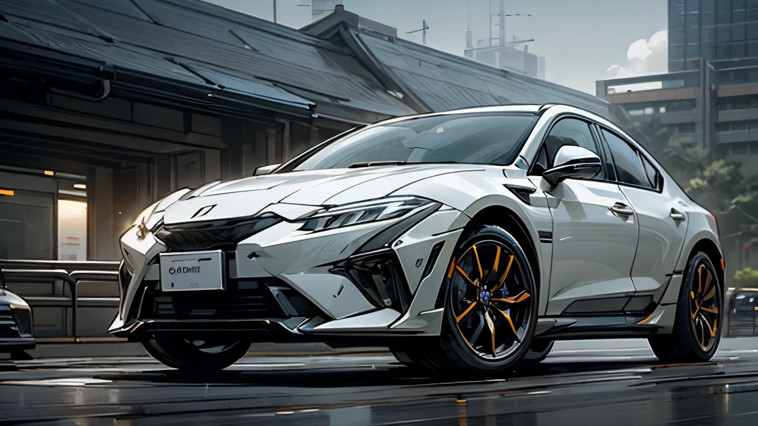 best quality, futuristic car exterior, angular design, minimalistic lines, tinted windows, LED lighting accents, autonomous driving features, solar panel roof, sustainable materials, compact size, cityscape background, clean energy emblem
