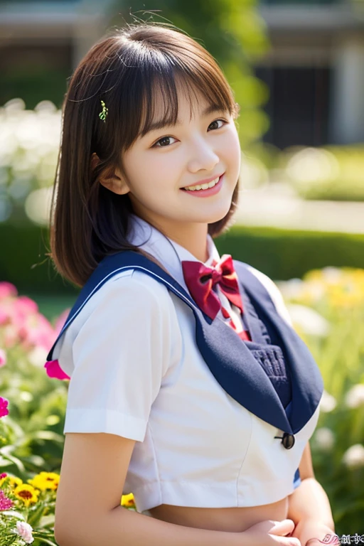(((full bodyesbian)))、((Girls' High School Uniforms))、((1a person))、ponytail、short-hair、Close to the subject、((a school flower beds)))、(((ssmile)))、(((Girls' High School)))、((a beauty girl))、((natural pose))、Photorealsitic、Beautiful detailed eyes、Hyper-Realism、highcontrast、Ultra HD、realistic skin textures、Top image quality、top-quality、超A high resolution、Fine details、Very meticulously、large round bosom