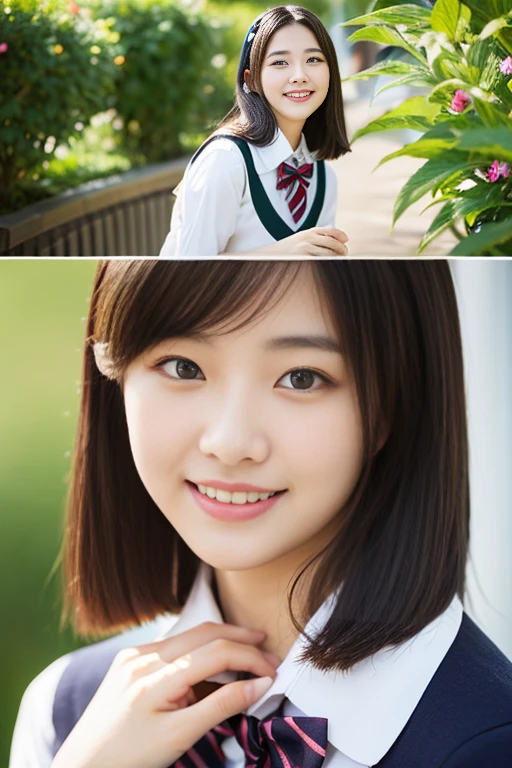 (((full bodyesbian)))、((Girls' High School Uniforms))、((１a person))、ponytail、short-hair、Close to the subject、((a school flower beds)))、(((ssmile)))、(((Girls' High School)))、((a beauty girl))、((natural pose))、Photorealsitic、Beautiful detailed eyes、Hyper-Realism、highcontrast、Ultra HD、realistic skin textures、Top image quality、top-quality、超A high resolution、Fine details、Very meticulously、large round bosom