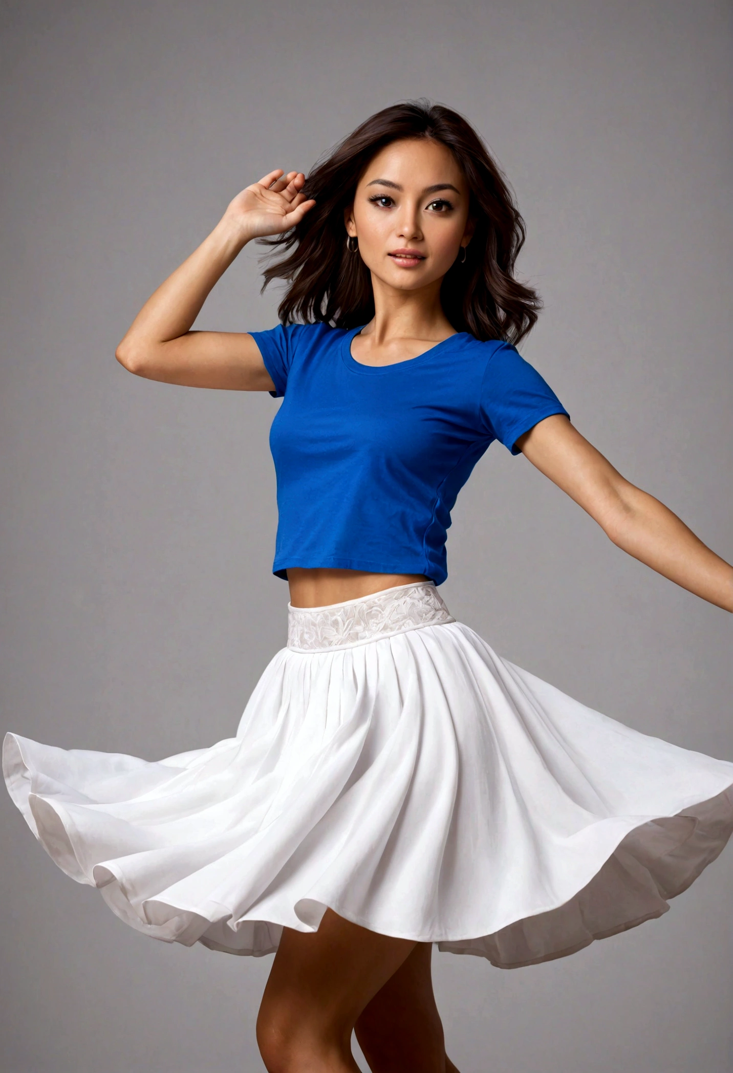 a beautiful woman wearing a blue t-shirt and a white skirt is dancing alone
