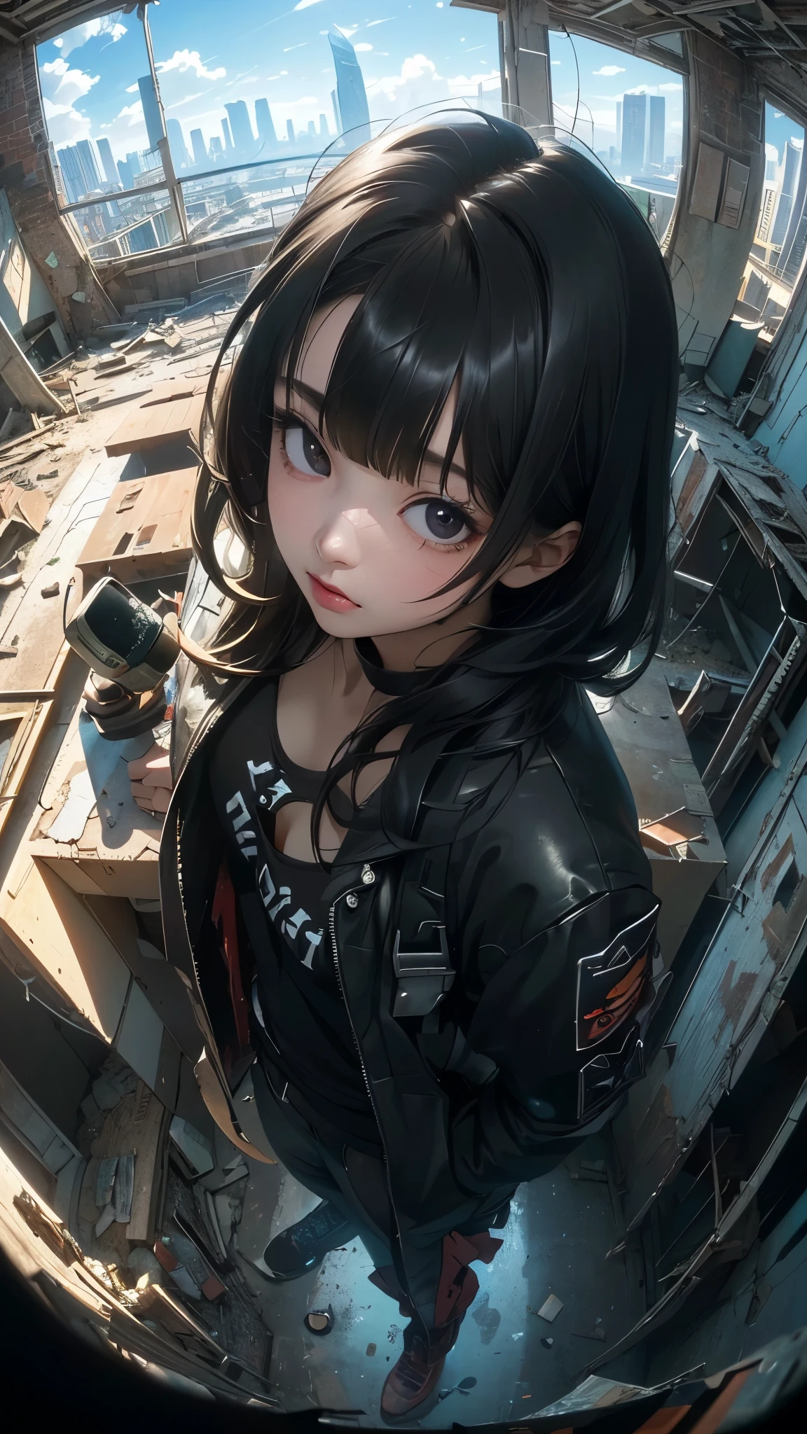((Highly detailed CG unit 8k wallpaper, masterpiece, High resolution, highest quality)), (Adult woman sitting on a rusty oil can in a deserted room, Nana Komatsu, hands in pockets:1.5, Cyberpunk fashion), ((highly detailed face, highly detailed black eyes, detailed body, highest qualityのリアルテクスチャスキン)), (In an abandoned building:1.3), (Angle from above:1.3, Fisheye Shot:1.5), hyper realistic, digital paint,