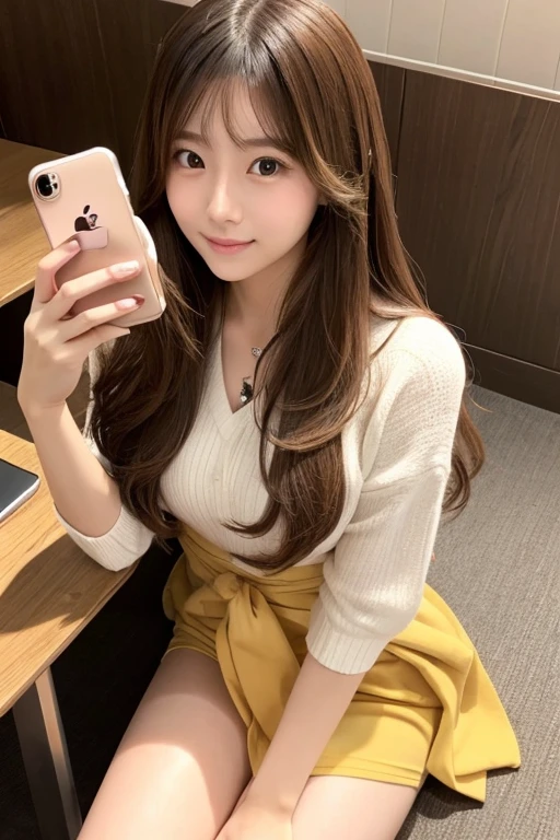 Taken with iPhone camera、Sitting、Above the waist、Cute Japanese Women Photos、Normal chest、Long Hair、Golden Hair、Upper body、Face Focus、Cute clothes、Simple Background、From above、Taking a selfie with a smartphone