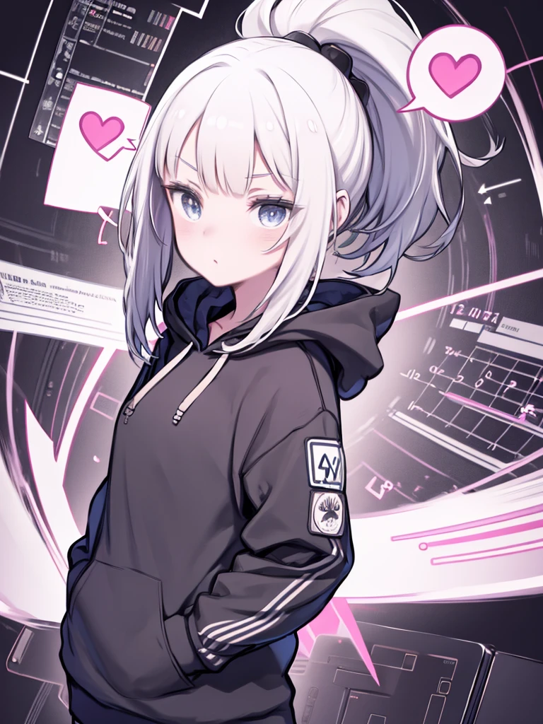 wallpaper, 8k, Rich details, ((Masseter muscle area)), ((masterpiece)), ((Abstract)), (electro-cardiogram), (One Girl:-1), White ponytail, (The girl on the right side of the screen), (Put your hands in your pockets)), Quadratic equation, hoodie, Floating simple geometric shapes, (technology: 0.2), Lonely