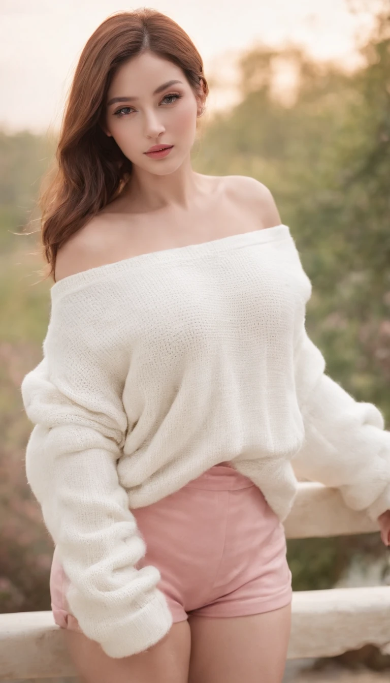 cool beauty , looks sweet , bob haistyle, wearing white oversize sweater, off-shoulder, show cleavage, sjow shoulders, pink shorts, black bunny headbend. show big thigh, plump body, huge breast, full body photo, (crawl pose), side view