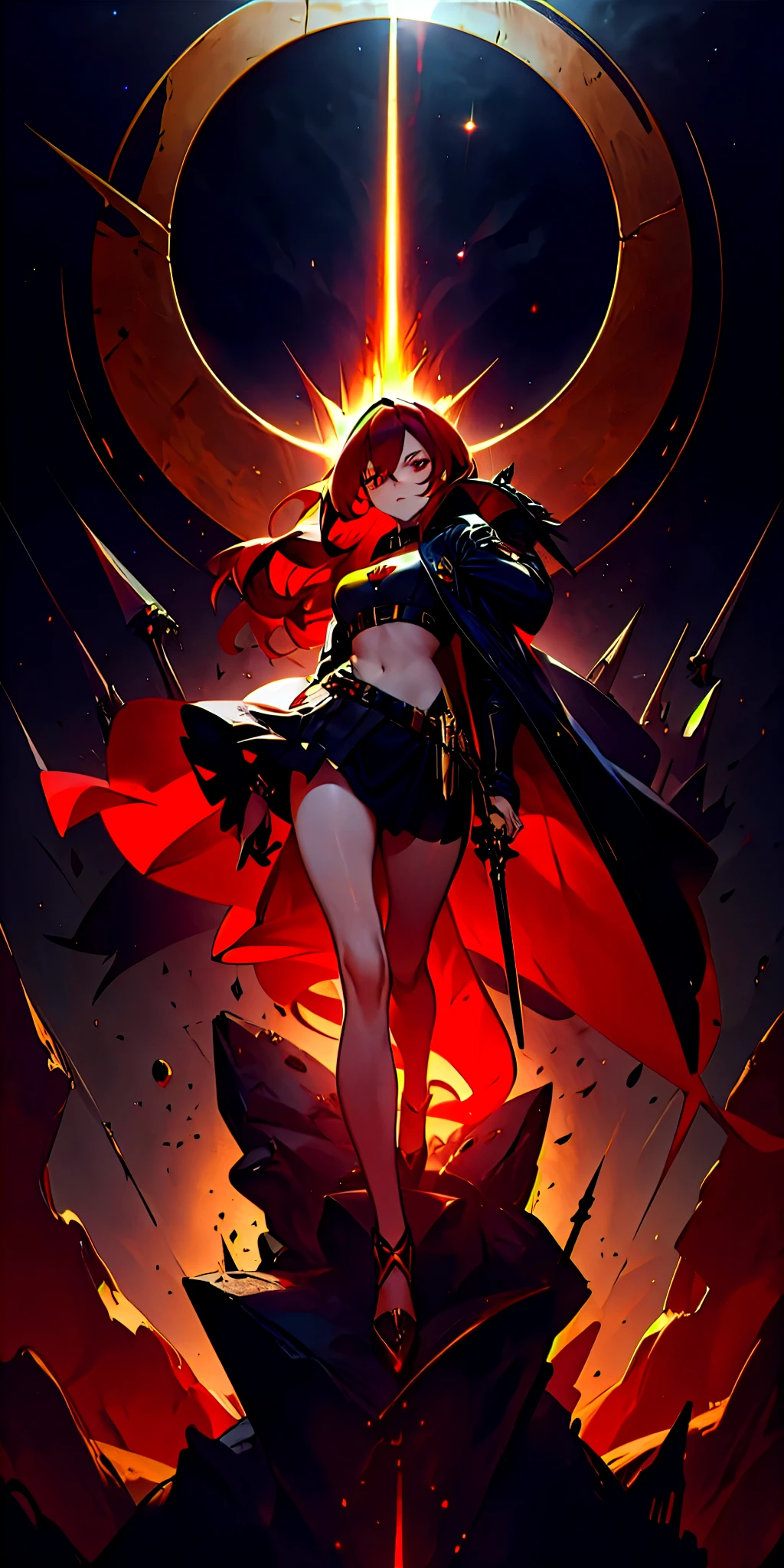 1girll, red pupils，Red long-haired，crisp breasts，Convex buttocks，Bare legged，Black heels，White bandeau dress，Decorated with a gold pattern，He wears a black trench coat，He held a red laser sword in his hand，starrysky，kosmos，Detailed background，Clothing details，perfectly proportioned, Cinematic lighting, filmgrain, Fuji colors, lightand shade contrast, 8K, Masterpiece, Textured skin, Super detail, high detal, high qulity, A high resolution,