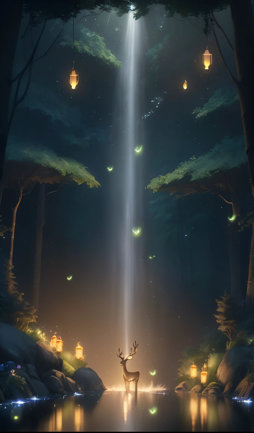 Masterpiece, best quality, (very detailed CG unity 8k wallpaper), (best quality), (best illustration), (best shadows), glow sprite, with a glowing deer, in the swimming pool Drinking water, natural elements in the forest theme. Mysterious forest, beautiful forest, nature, surrounded by flowers, delicate leaves and branches surrounded by fireflies (natural elements), (jungle theme), (leaves), (twigs), (fireflies), (particle effects) etc. 3D , Octane rendering, ray tracing, super detailed