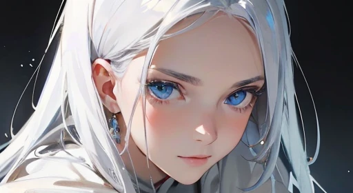 High quality portrait with white hair blue eyes and white mask., emphasizing fine wrinkles and a calm facial expression, in an environment with soft lighting and a graceful aura, Photo, Camera with 35mm lens., aperture settings f/1.4, --with 16:9 -- at 5
