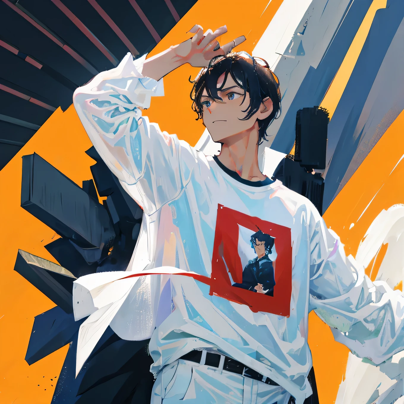 A man with short, jet-black hair、His muscular body was wrapped in a white shirt and black suit.。His figure is、It&#39;s so fantastical it&#39;s hard to believe it&#39;s real.、It's like God々It seems like a strange existence.。He folded his arms、It seems as if it dominates the surrounding atmosphere.々&quot;I&#39;m standing there like this.。His gaze is filled with confidence、A strong attitude inspires awe and respect in all who see it.。The aura he gives off、Everyone has an irresistible charm。This fantastic scene captured in the highest quality is、It&#39;s perfect for an SNS icon.。