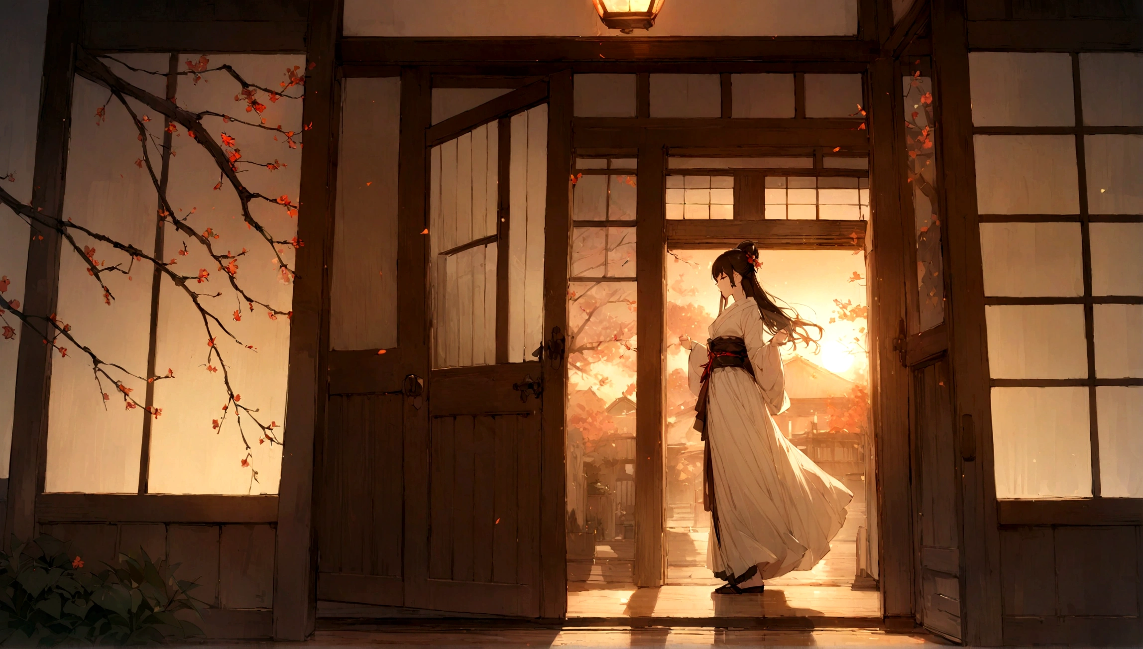 highest quality、Masterpiece、Japanese-style house、entrance、The door opens to the side、the door is open、evening、dark