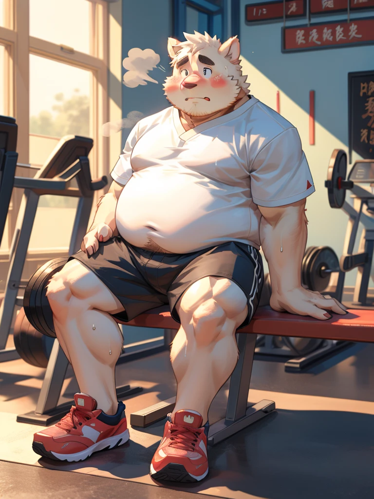 Chubby Man, Asian, social fear, blush, Looking shyly at the camera, sweat, Gym, short sleeves, shorts, sports shoes, Slightly fat, sitting position