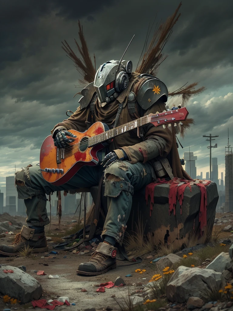 wasteland，(A very poor old mech sitting on a rock playing guitar:1.3)，(the guitar player)，(Sitting:1.2)，rust，Wearing tattered armor，The skyline in the distance，Gothic，moss，（A small white flower），（Cemetery），Gothic教堂，（Blood red moon），Gothic元素，wildfires，cold，gloomy