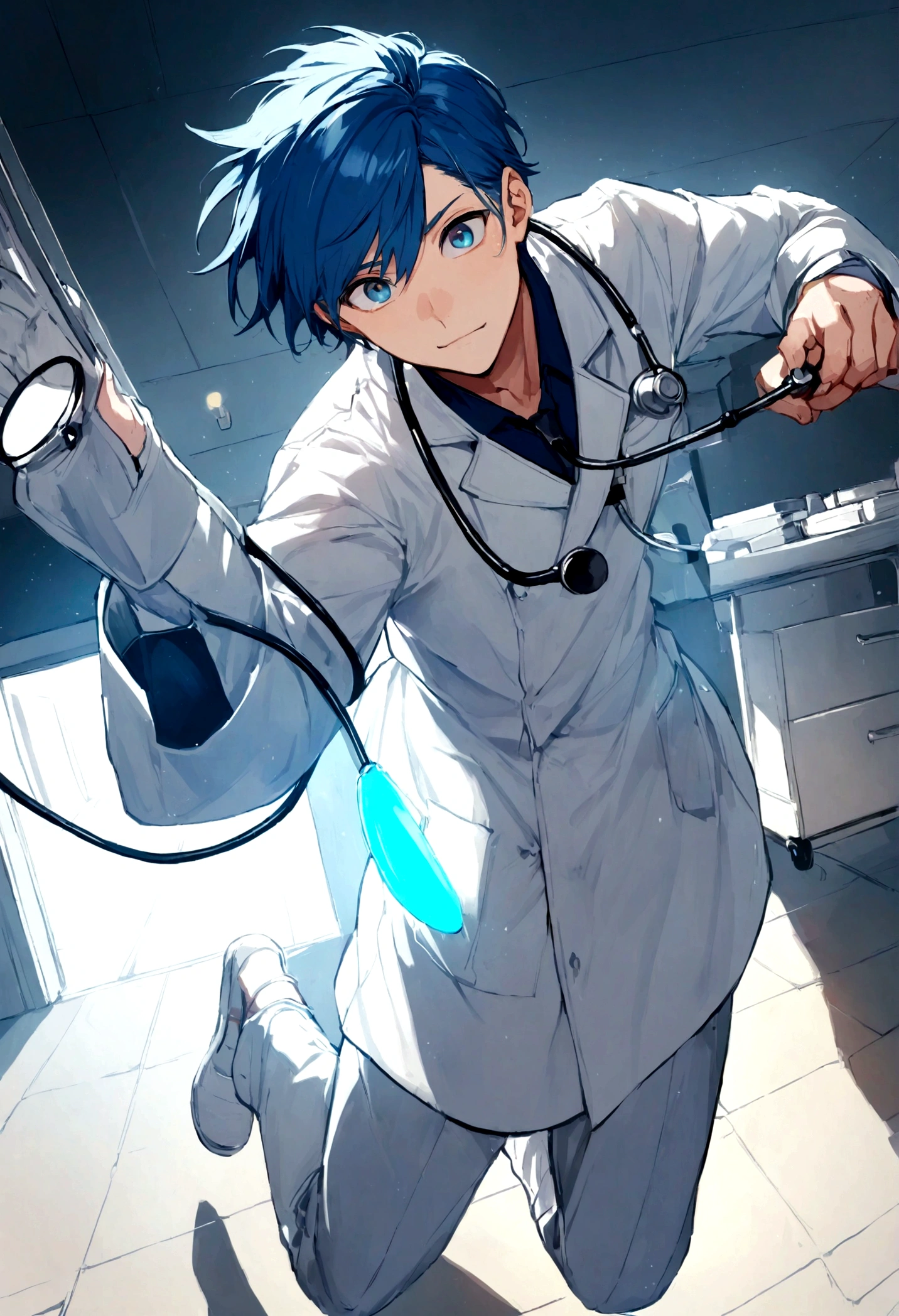 25 year old male, short blue hair, dark blue eyes, doctor's outfit, stethoscope, leap, cool