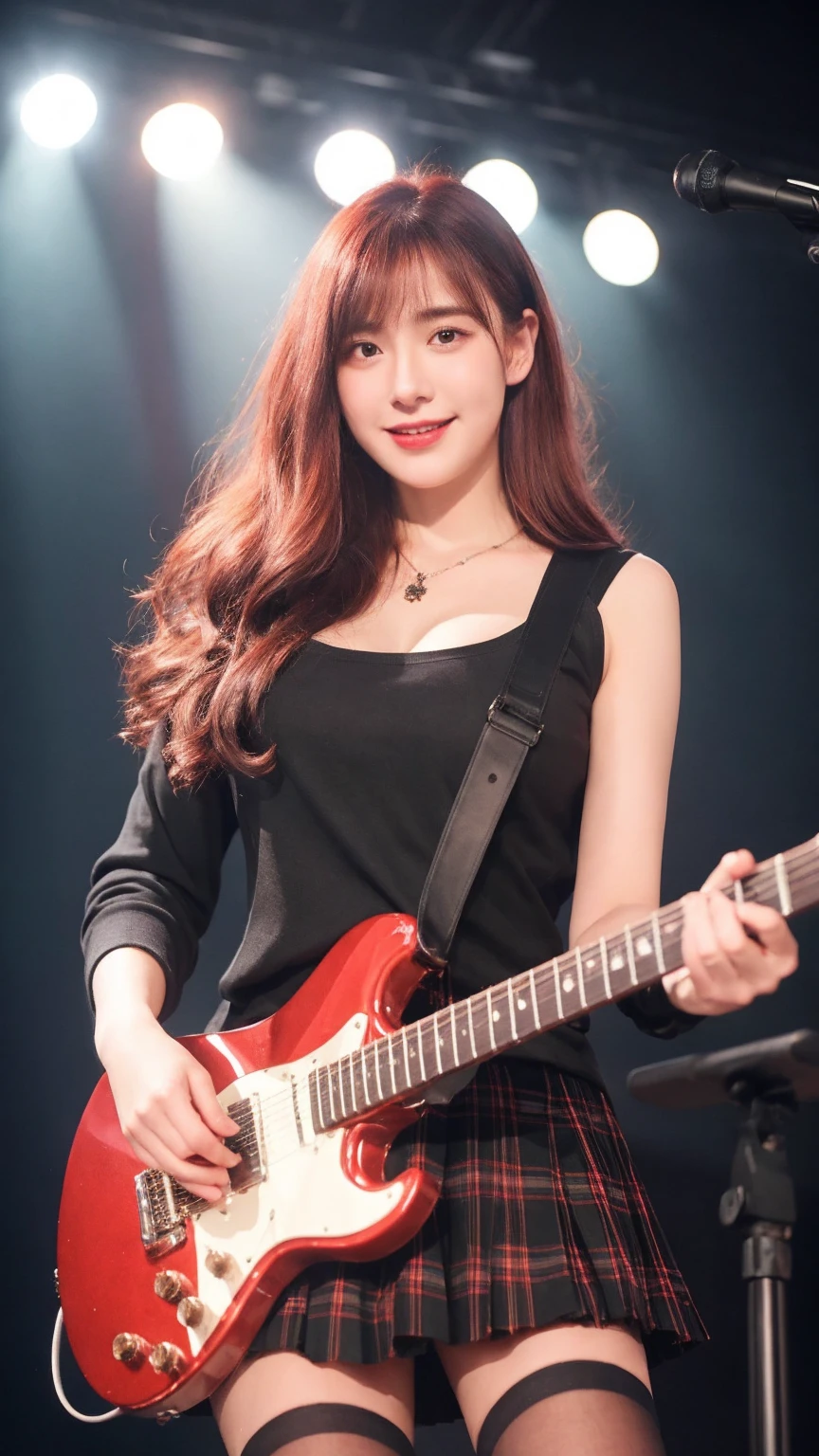 ((best quality)), photorealistic, photorealism, Photorealistic, high resolution, school girl blazer、 black tank top、Red checked knee-length skirt、Long skirt、JK Style、Jacket、smile、Knee-high socks、Thigh-high socks、pantyhose、A superb beauty、Super cute、ennui、Rare beauty、Short hair、Aestethic tatoo, Black Dark Eyeshadow、Sad、white skin、pale skin, short hair straightener、Dark Gothic Makeup、Cute Smile、Fragrant beauty、Stained glass background、Mastepiece、Best Quality、Refers to 5 books、Sweat glistening on my chest、Sweat glistening on my face、Large breasts、Huge breast、Red hair、Age 20 years old、Mysterious look、A sad expression、Red Hair、mysterious gothic church、enchanting castle、Sweating profusely all over the body、A lot of sweat and light on the thighs、Shiny thighs、Plenty of sweat glistening on the thighs、A large amount of sweat glistens on my thighs、Sweating profusely、Gal、Medium breasts、beautiful face、Alluring expression、Thin thighs、Playing electric guitar、I have an electric guitar、Sing a song enthusiastically、Playing guitar in a band、Playing guitar chords、Live House Background、Sing a song、Open your mouth、Live house scenery、Mike stand、Glamorous live stage、Dynamic Angle、cinematic lighting