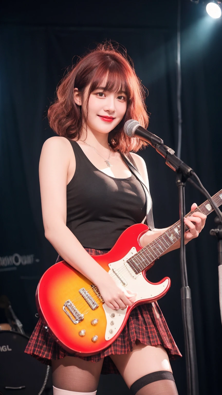 ((best quality)), photorealistic, photorealism, Photorealistic, high resolution, school girl blazer、 black tank top、Red checked knee-length skirt、Long skirt、JK Style、Jacket、smile、Knee-high socks、Thigh-high socks、pantyhose、A superb beauty、Super cute、ennui、Rare beauty、Short hair、Aestethic tatoo, Black Dark Eyeshadow、Sad、white skin、pale skin, short hair straightener、Dark Gothic Makeup、Cute Smile、Fragrant beauty、Stained glass background、Mastepiece、Best Quality、Refers to 5 books、Sweat glistening on my chest、Sweat glistening on my face、Large breasts、Huge breast、Red hair、Age 20 years old、Mysterious look、A sad expression、Red Hair、mysterious gothic church、enchanting castle、Sweating profusely all over the body、A lot of sweat and light on the thighs、Shiny thighs、Plenty of sweat glistening on the thighs、A large amount of sweat glistens on my thighs、Sweating profusely、Gal、Medium breasts、beautiful face、Alluring expression、Thin thighs、Playing electric guitar、I have an electric guitar、Sing a song enthusiastically、Playing guitar in a band、Playing guitar chords、Live House Background、Sing a song、Open your mouth、Live house scenery、Mike stand、Glamorous live stage、Dynamic Angle、cinematic lighting