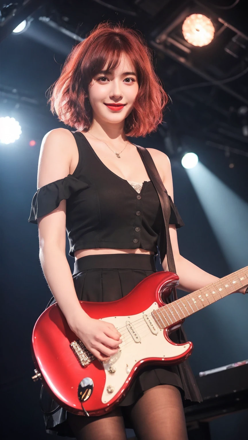 ((best quality)), photorealistic, photorealism, Photorealistic, high resolution, school girl blazer、 black tank top、Red checked knee-length skirt、Long skirt、JK Style、Jacket、smile、Knee-high socks、Thigh-high socks、pantyhose、A superb beauty、Super cute、ennui、Rare beauty、Short hair、Aestethic tatoo, Black Dark Eyeshadow、Sad、white skin、pale skin, short hair straightener、Dark Gothic Makeup、Cute Smile、Fragrant beauty、Stained glass background、Mastepiece、Best Quality、Refers to 5 books、Sweat glistening on my chest、Sweat glistening on my face、Large breasts、Huge breast、Red hair、Age 20 years old、Mysterious look、A sad expression、Red Hair、mysterious gothic church、enchanting castle、Sweating profusely all over the body、A lot of sweat and light on the thighs、Shiny thighs、Plenty of sweat glistening on the thighs、A large amount of sweat glistens on my thighs、Sweating profusely、Gal、Medium breasts、beautiful face、Alluring expression、Thin thighs、Playing electric guitar、I have an electric guitar、Sing a song enthusiastically、Playing guitar in a band、Playing guitar chords、Live House Background、Sing a song、Open your mouth、Live house scenery、Mike stand、Glamorous live stage、Dynamic Angle、cinematic lighting