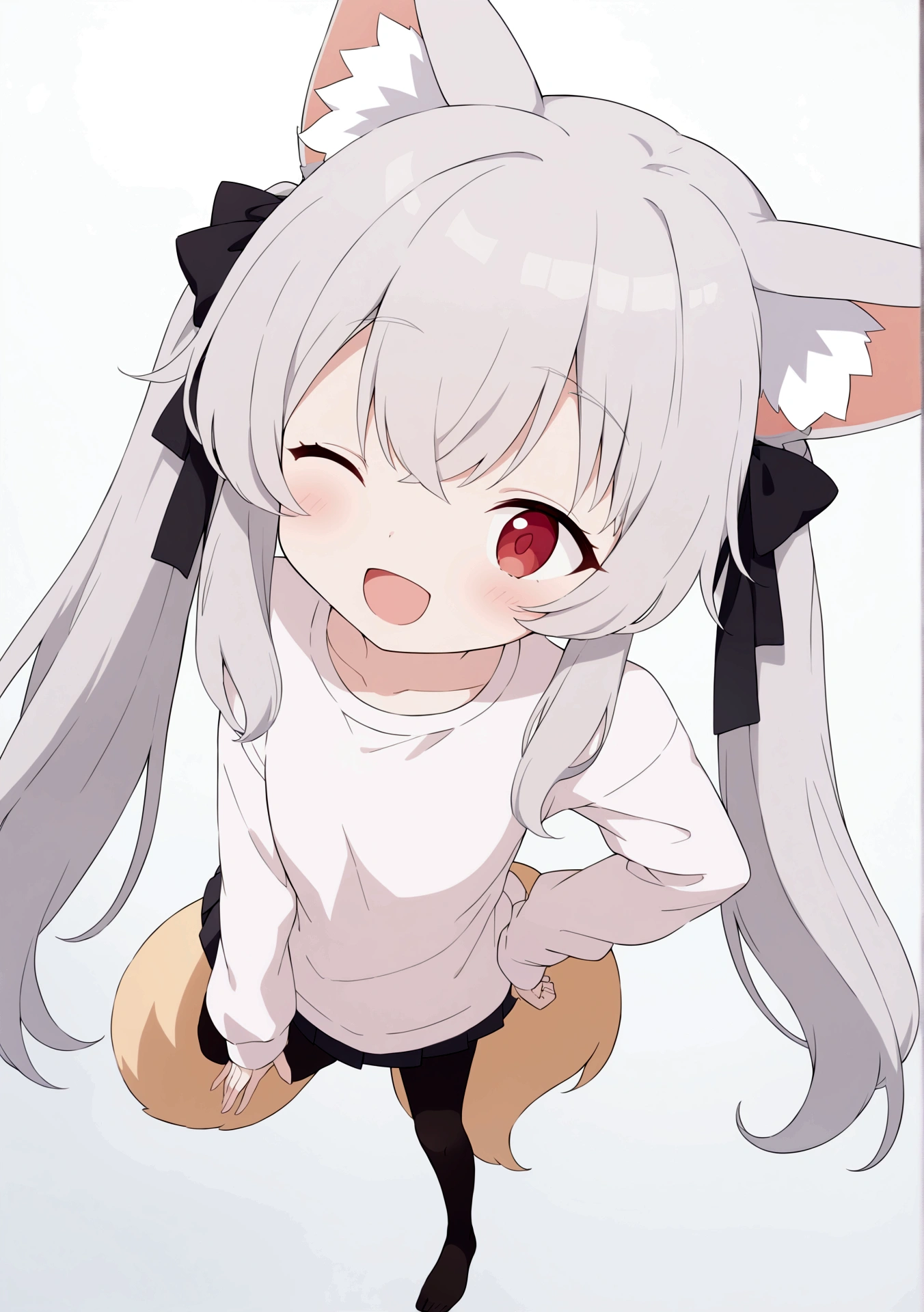 Fraction_9, Fraction_8_up, Fraction_7_Direction_6_Direction_5_Direction_4_up, 1 girl, teenager, boDy, sexy boDy, Small Breasts, rounD breasts, Happy expression, long hair, Bangs, twin Tails, fluffy Fox ears anD Tail, Pastel clothing colors, soft hair color, Pastel Eye Color, Translucent black stockings, No shoes, t shirt, skirt, Foot Focus, Look at each other, full boDy, source_Japanese cartoons, Japanese cartoons screencap, Japanese cartoons coloring, masterpiece, best quality, 1 Girl, Solitary,, Gray hair, long hair, twinTails, Bangs, Hair between the eyes, Animal ears, Fox ears, Animal ears绒毛, reD eyes, Tail, fox Tail, Virtual YouTuber, shirt, white shirt, Long sleeve, Sleeves extend beyond wrists, bow, hair bow, Ribbon, skirt, pleateD skirt, black skirt, outDoors, shopping street, Blue sky, clouD, one eye closeD, open mouth, :D, Happy, looking at the audience, hanD on hip,