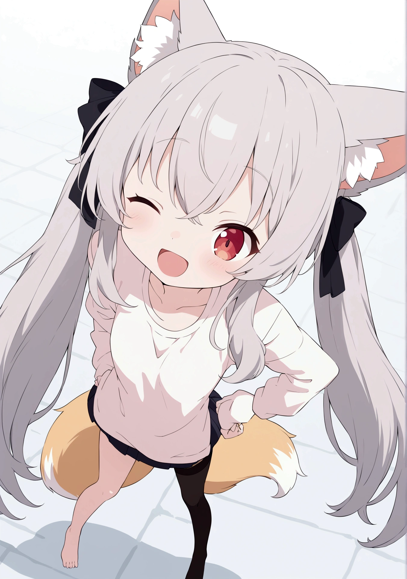 Fraction_9, Fraction_8_up, Fraction_7_Direction_6_Direction_5_Direction_4_up, 1 girl, teenager, boDy, sexy boDy, Small Breasts, rounD breasts, Happy expression, long hair, Bangs, twin Tails, fluffy Fox ears anD Tail, Pastel clothing colors, soft hair color, Pastel Eye Color, Translucent black stockings, No shoes, t shirt, skirt, Foot Focus, Look at each other, full boDy, source_Japanese cartoons, Japanese cartoons screencap, Japanese cartoons coloring, masterpiece, best quality, 1 Girl, Solitary,, Gray hair, long hair, twinTails, Bangs, Hair between the eyes, Animal ears, Fox ears, Animal ears绒毛, reD eyes, Tail, fox Tail, Virtual YouTuber, shirt, white shirt, Long sleeve, Sleeves extend beyond wrists, bow, hair bow, Ribbon, skirt, pleateD skirt, black skirt, outDoors, shopping street, Blue sky, clouD, one eye closeD, open mouth, :D, Happy, looking at the audience, hanD on hip,