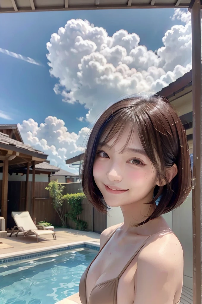 1woman, idol, bob cut, brown hair, swimsuit, pool、20th Generation、cute、View here、smile、Poolside、Strike a Pose