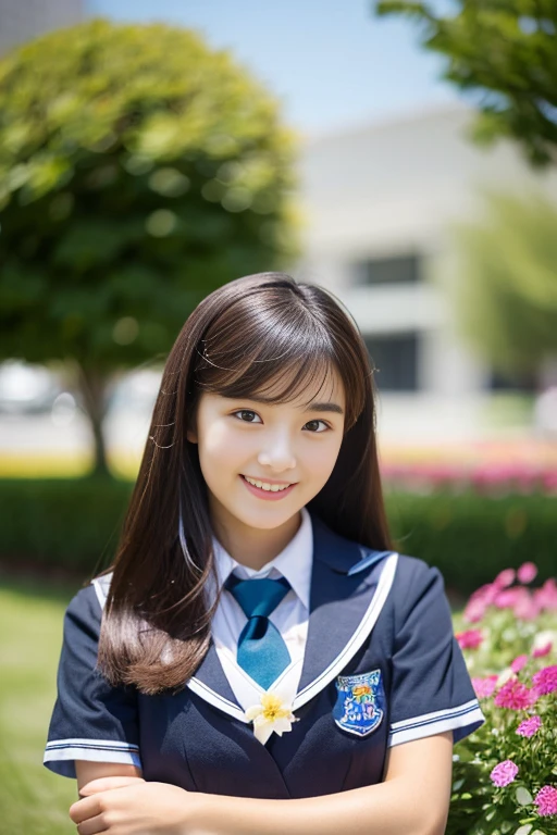 (((full bodyesbian)))、((Girls' High School Uniforms))、((１a person))、ponytail、short-hair、Close to the subject、((a school flower beds)))、(((ssmile)))、(((Girls' High School)))、((a beauty girl))、((natural pose))、Photorealsitic、Beautiful detailed eyes、Hyper-Realism、highcontrast、Ultra HD、realistic skin textures、Top image quality、top-quality、超A high resolution、Fine details、Very meticulously、bokeh、well-endowed round bosom