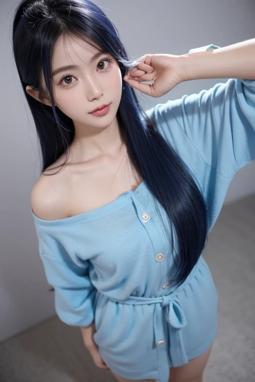 Taken with a phone camera、Are standing、Above the waist、Cute Japanese Women Photos、Normal chest、Long Hair、Blue Hair、Upper body、Face Focus、Cute clothes、Simple Background、From above、Taking a selfie with a smartphone