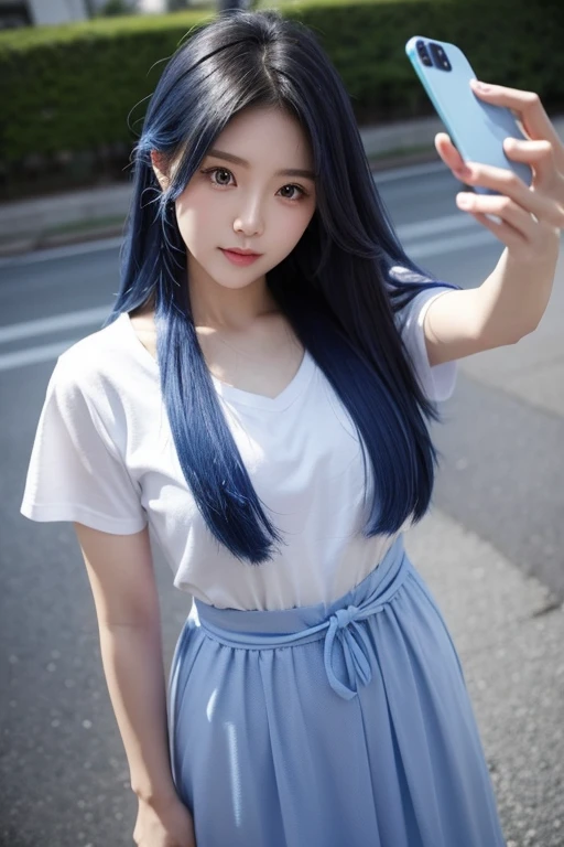 Taken with a phone camera、Are standing、Above the waist、Cute Japanese Women Photos、Normal chest、Long Hair、Blue Hair、Upper body、Face Focus、Cute clothes、Simple Background、From above、Taking a selfie with a smartphone