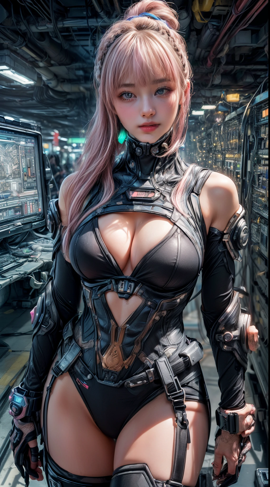 (((Differing views:1.5)))、(((Various poses:1.2)))、(((Different actions:1.5)))、((barcode))、(smile)、Mature Woman、masterpiece,highest quality,Very detailed、(((Big Breasts)))、((Art Movement:1.2))、bite、(Abdominal muscles)、((Light pink hair))、((Black Hair))、((Two-tone hair))、((Gradient Hair))、((((Unusual hairstyle)))), (((Trendy hairstyles)))、((Near future)),((sf)),Machinery Parts、((A white, ultra-tight plug suit with detailed decoration))、 (((Shingard、Elbow Guard、Knee guard、Chest Guard、Shoulder guard、Detailed protector)))、Very beautiful woman、headset、(((Luminescence Electronics)))、Slender women、((cyber punk))、(((Digital Metaverse)))、((Dark virtual space))、((Neon color))、(Lots of monitors)、((Fluorescent lighting in server room))、((Lots of electronics))、(((Connect with code)))、(Detailed face)、Realistic Skin、((Delicate photo)),(少女のmasterpiece、Photo details:1.25), (highest quality:1.6), (超A high resolution:1.5), (Realistic:1.75), 8K resolution, Canon EOS R5, 50mm, Absurd, Very detailed,Cinema Lighting,Browsing Caution:0.1、((Powered Suit))
