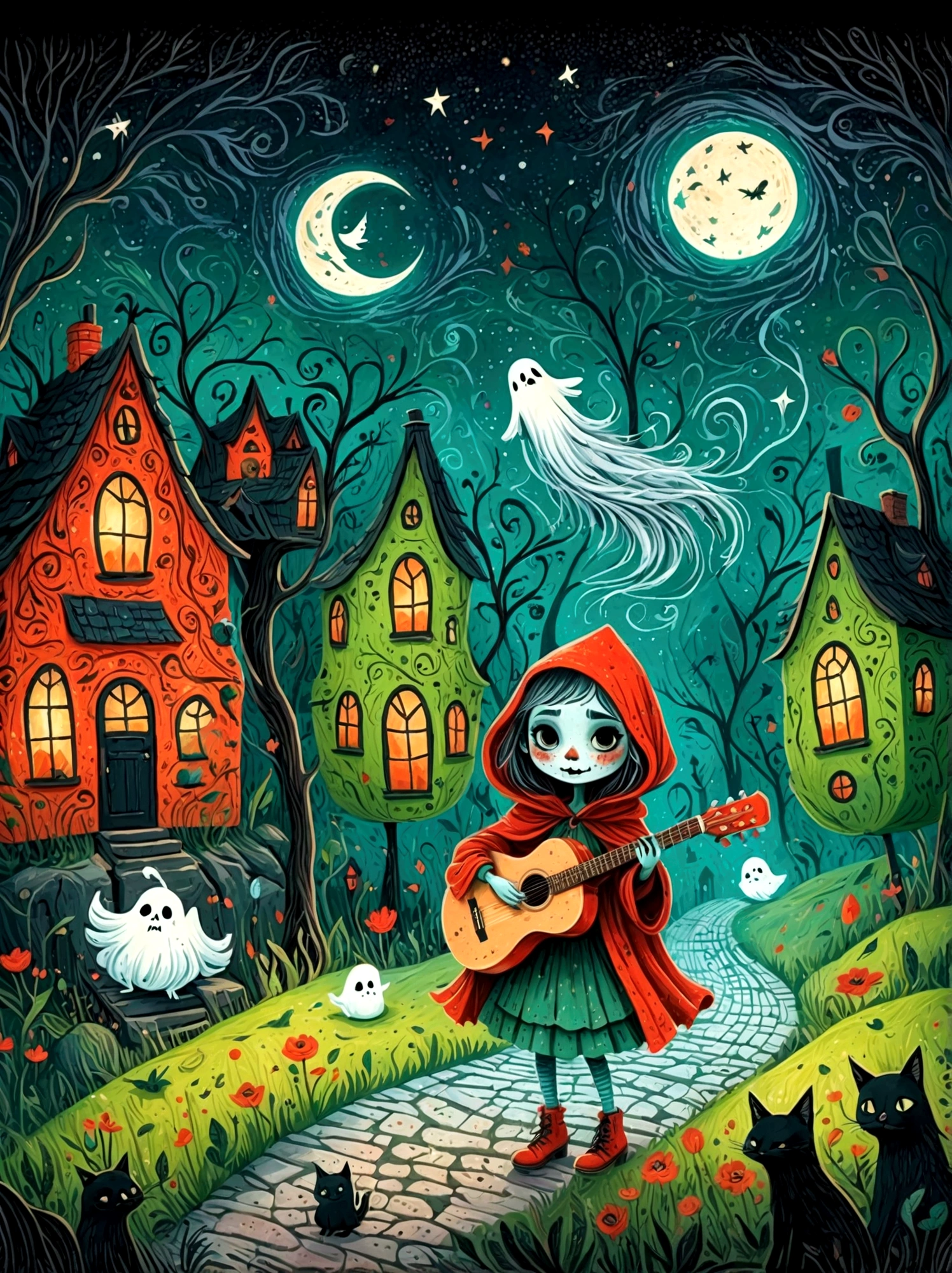 Cartoon hand drawn, 1girl, solo, Cute young charming little red riding hood girl，Strong zombie makeup, Playing an old guitar，the guitar player，(Ghost Crowd)，Ghost Viewer，(Concert scene:1.5)，Starry nights，Gloomy and foggy atmosphere，The cute absurdity，The attraction and rejection of extraordinary appearance，Magical naive art，Bright blue and green，The color palette is in red, orange and black tones and has a sketchy style, The background should have a simple hand-drawn doodle pattern, 1shxx1