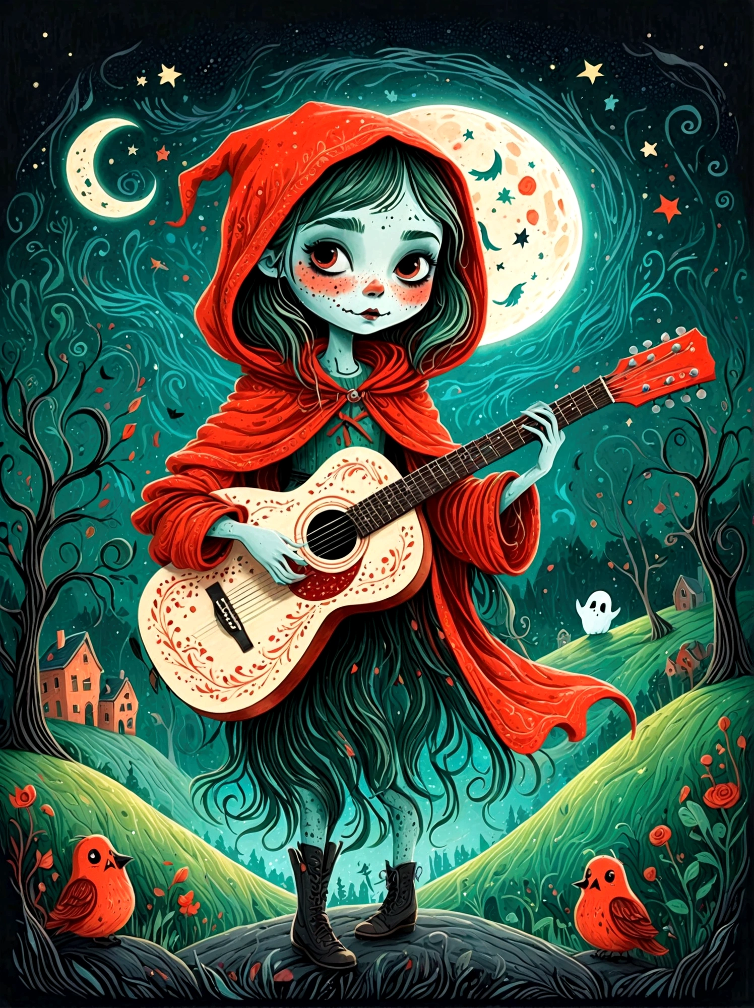 Cartoon hand drawn, 1girl, solo, Cute young charming little red riding hood girl，Strong zombie makeup, Playing an old guitar，the guitar player，(Ghost Crowd)，Ghost Viewer，(Concert scene:1.5)，Starry nights，Gloomy and foggy atmosphere，The cute absurdity，The attraction and rejection of extraordinary appearance，Magical naive art，Bright blue and green，The color palette is in red, orange and black tones and has a sketchy style, The background should have a simple hand-drawn doodle pattern, 1shxx1