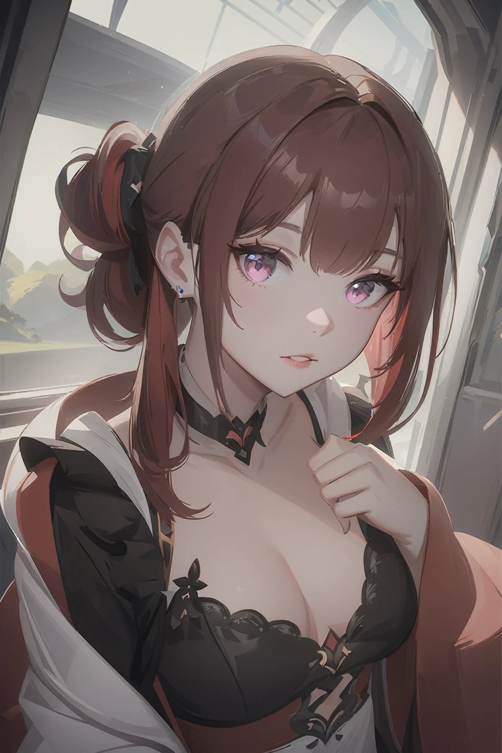 Anime girl with red hair and wearing a black bra top holding a mobile phone, Enchanting anime girl, Gweitz, Gweitz on pixiv artstation, Gweitz on artstation pixiv, artwork in the style of Gweitz, Detailed digital anime art, Anime Girl Portrait, Anime Girl Portrait, Beautiful Anime Girls, Beautiful anime portraits, Attractive anime girl