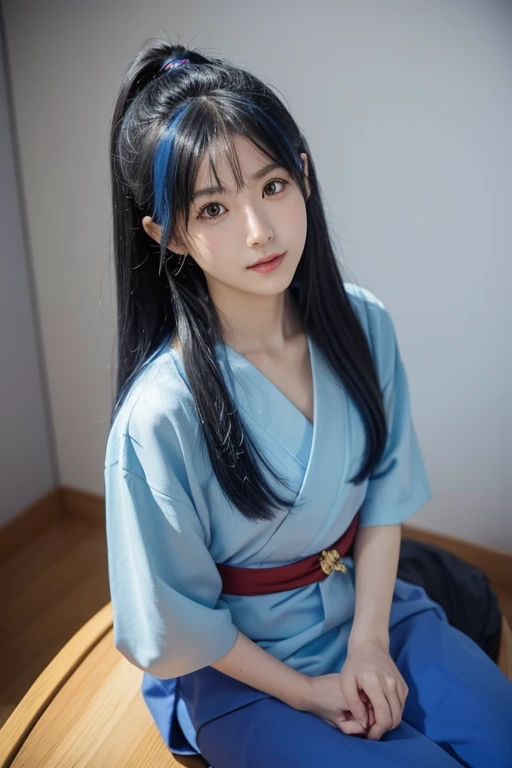 Taken with a phone camera、Sitting、Above the waist、Cute Japanese Women Photos、Normal chest、Long Hair、Blue Hair、Upper body、Face Focus、Cute clothes、Simple Background、From above、Taking a selfie with a smartphone