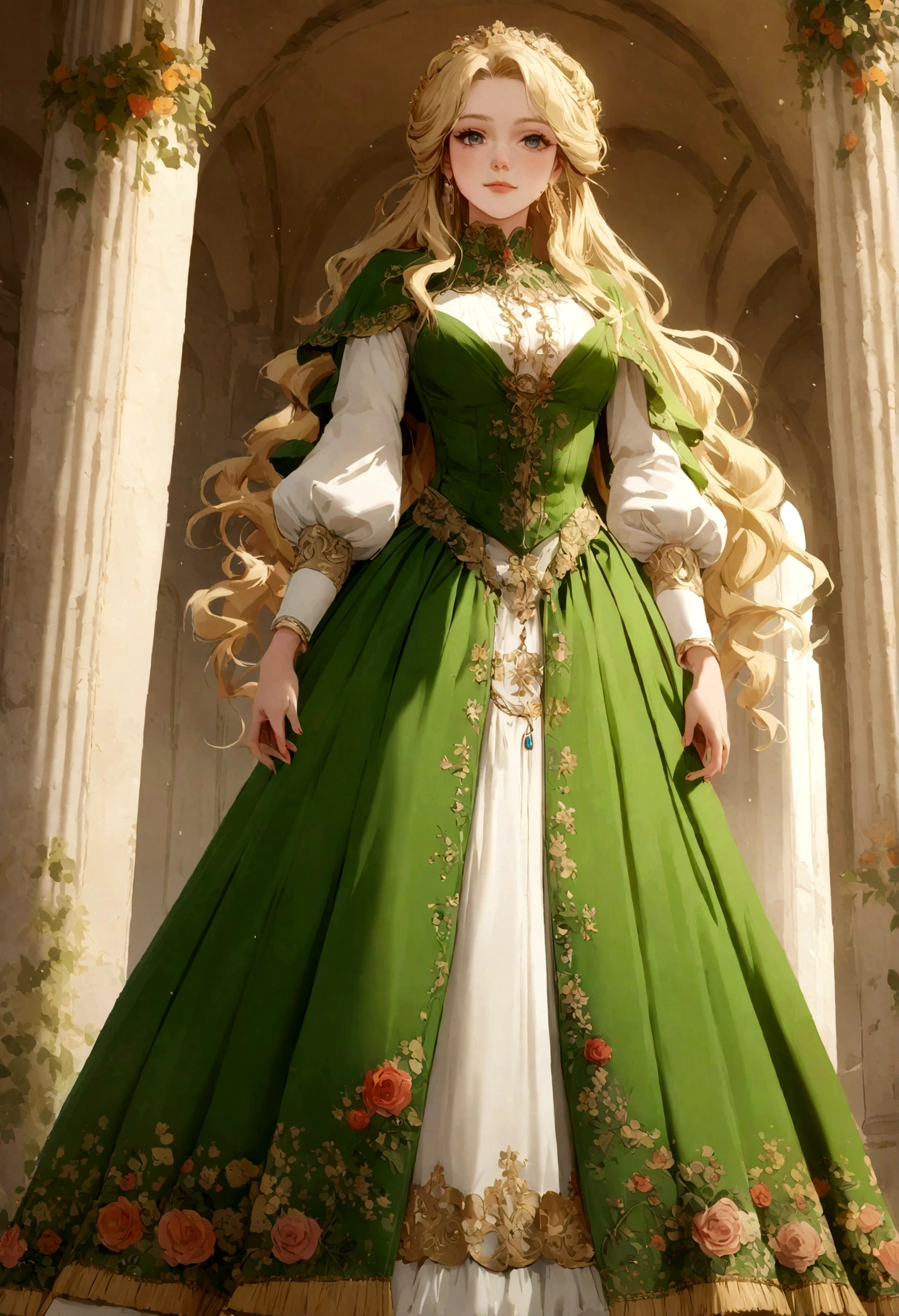 Réalisez la blonde amanda dans cette même pose portant une tenue robe vert dans un décor en italie cheveux blonds