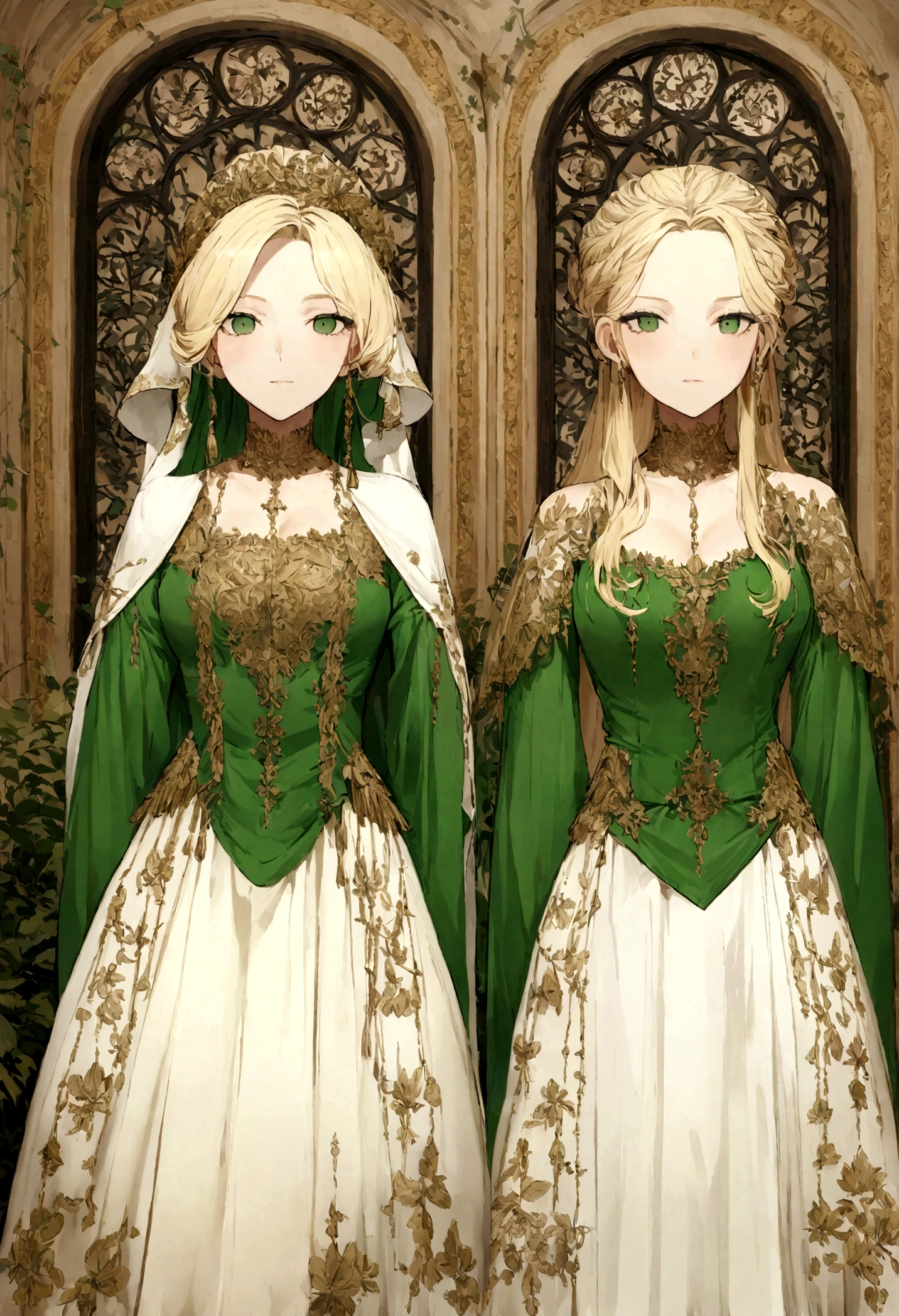 Réalisez la blonde amanda dans cette même pose portant une tenue robe vert dans un décor en italie cheveux blonds