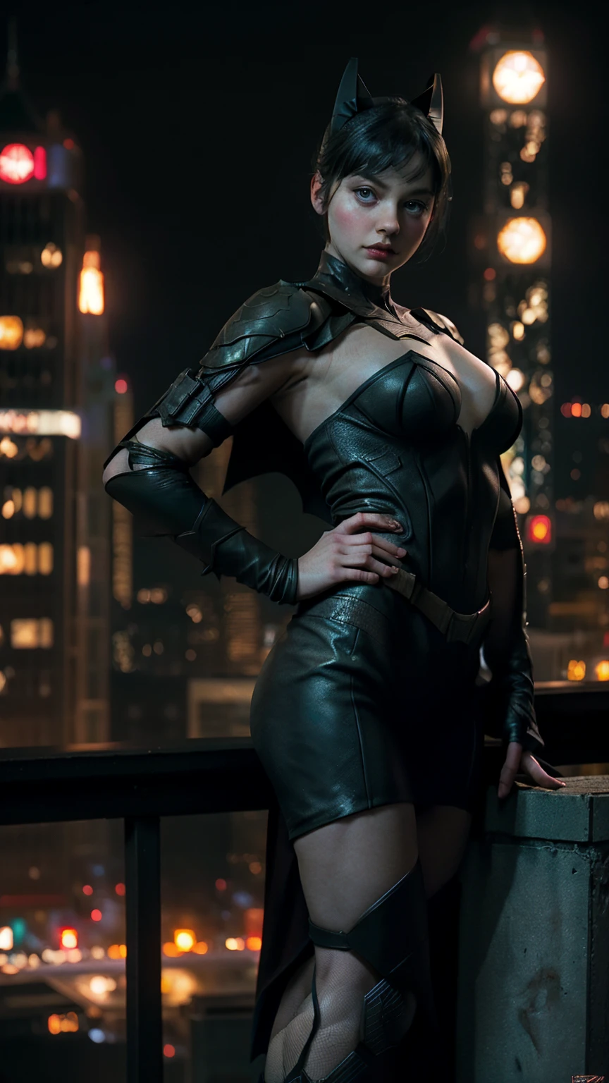 ((masterpiece, highest quality, High resolution, Realistic, to be born, 8k wallpaper)),Standing in a bikini,maika monroe batgirl, (Standing in Honor shot),Facing the camera in a threatening pose, Very hot and sexy, Amazing beauty, Perfect balance, Beautiful body, Slim body beauty: 1.4), Batman standing on a rooftop overlooking the city skyline at night, Gotham city background, nighttime in Gotham city, Gotham city, From the movie Batman, Gotham city double exposure, Gotham city style, Batman film still, metropolis filmic Gotham city, Cyberpunk Batman, Batman movie stills, Batman movie still cinematic, Gotham setting, Batman, Gotham,