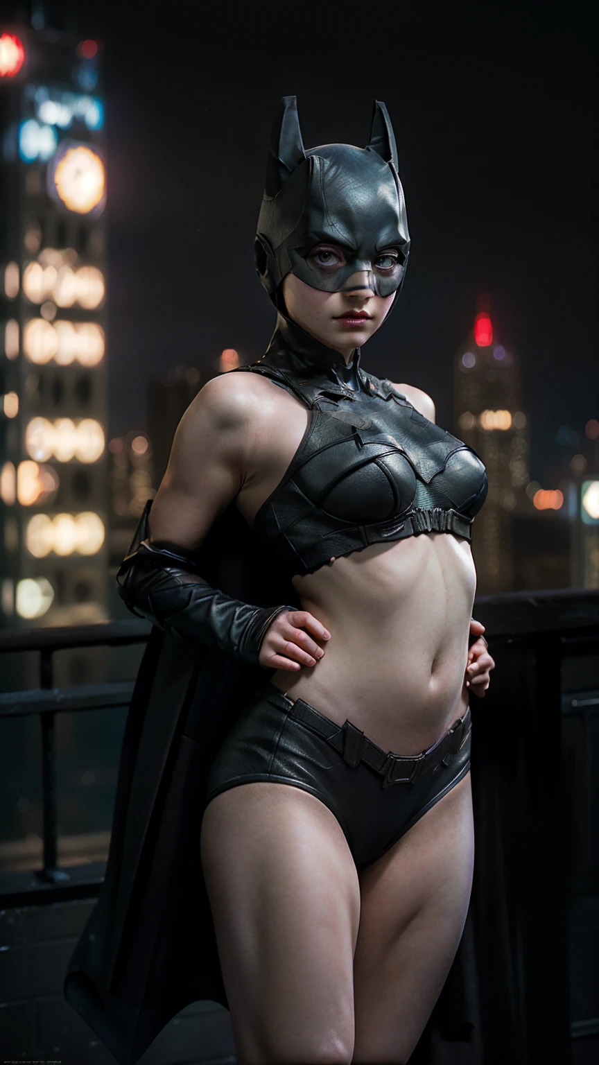 ((masterpiece, highest quality, High resolution, Realistic, to be born, 8k wallpaper)),Standing in a bikini,maika monroe batgirl, (Standing in Honor shot),Facing the camera in a threatening pose, Very hot and sexy, Amazing beauty, Perfect balance, Beautiful body, Slim body beauty: 1.4), Batman standing on a rooftop overlooking the city skyline at night, Gotham city background, nighttime in Gotham city, Gotham city, From the movie Batman, Gotham city double exposure, Gotham city style, Batman film still, metropolis filmic Gotham city, Cyberpunk Batman, Batman movie stills, Batman movie still cinematic, Gotham setting, Batman, Gotham,
