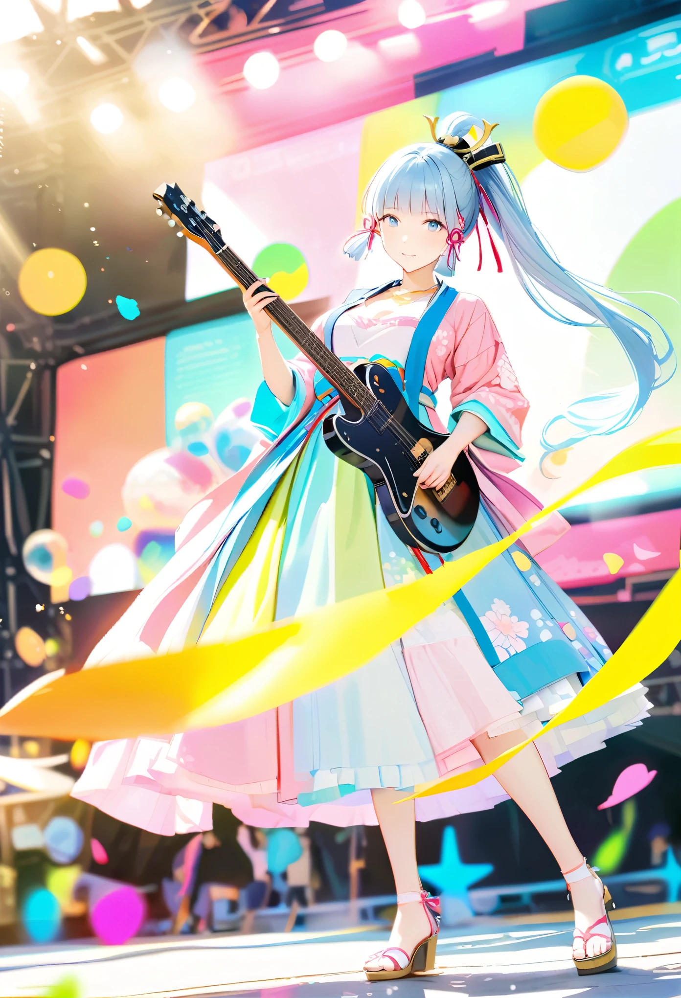 magazine cover,masterpiece), (best quality), (Super detailed),(lifelike:1.37), (Idol playing electric guitar on stage), (Face painting:0.8),solitary,3D,whole body,Green sci-fi style Hanfu,eternal, looking at the audience, (Stage Background),Beautiful blue eyes, Pretty Face, floating,(High saturation),(Colorful splash),Colorful bubbles,(shining), Ponytail, Kamisato Ayaka, light blue hair, Bangs, hair ring, floating flowers, Flowing hair, (shining), Optimal lighting, The best shadow,(8K)