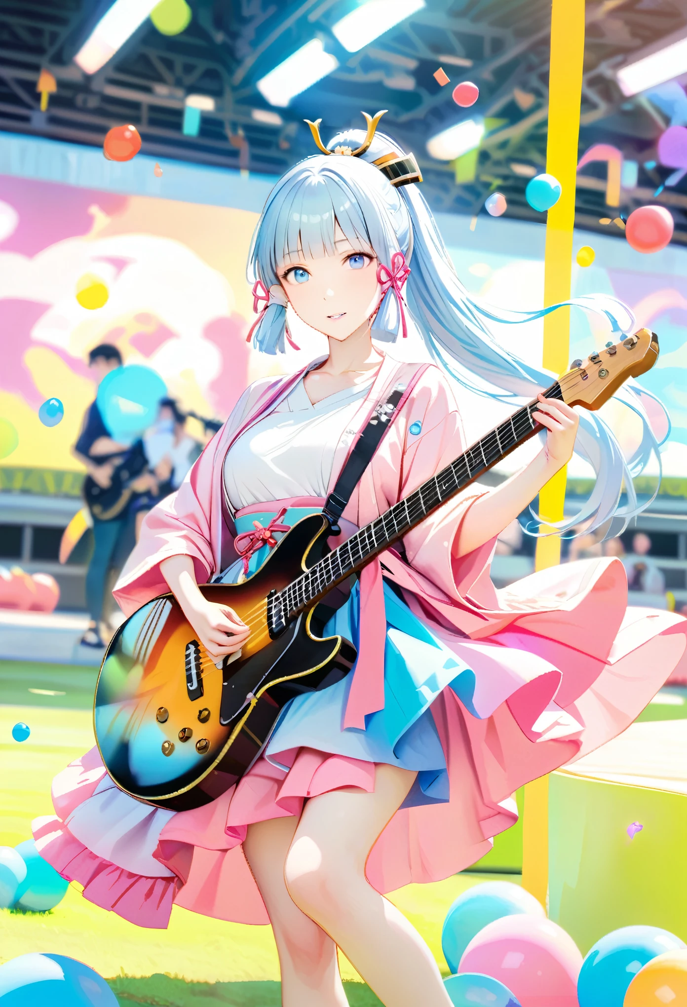 magazine cover,masterpiece), (best quality), (Super detailed),(lifelike:1.37), (Idol playing electric guitar on stage), (Face painting:0.8),solitary,3D,whole body,Green sci-fi style Hanfu,eternal, looking at the audience, (Stage Background),Beautiful blue eyes, Pretty Face, floating,(High saturation),(Colorful splash),Colorful bubbles,(shining), Ponytail, Kamisato Ayaka, light blue hair, Bangs, hair ring, floating flowers, Flowing hair, (shining), Optimal lighting, The best shadow,(8K)