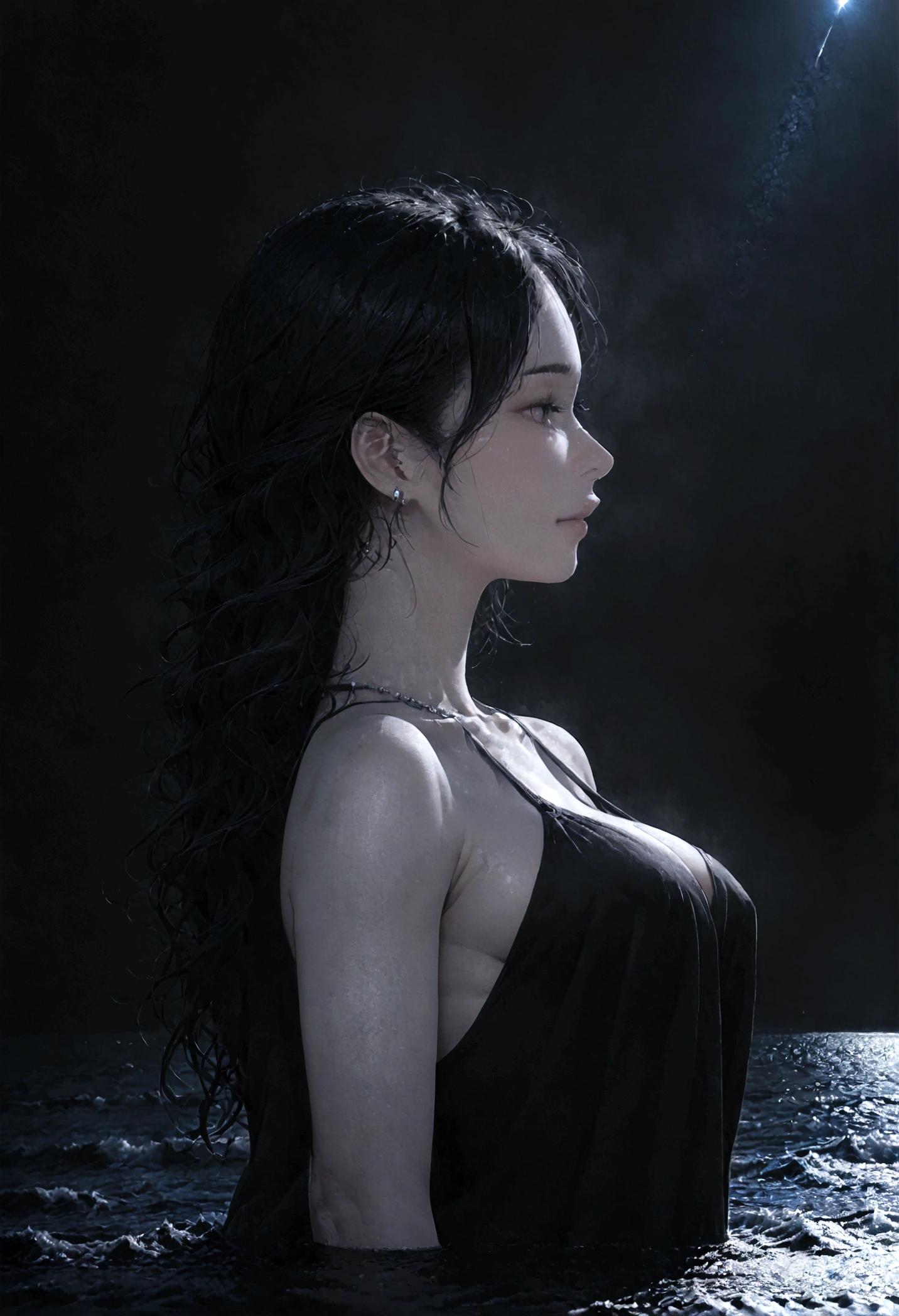 8k, masterpiece, RAW Photos, highest quality, Realistic, Very detailed, Depth of written boundary, Cinematic Light, Anatomically correct body,
One beautiful 40 year old woman, Very beautiful face, Exquisitely detailed face, (A calm and gentle face:1.4), Very delicate skin texture, Transparent muscle, Shiny white skin, Glamorous Body,
(Wavy black long hair:1.2), (Sexy Breasts:1.1),
(A white swimsuit that accentuates the beauty of her breasts:1.2), (Detailed cloth texture:1.2), (Gorgeous necklace:1.1), (Gorgeous earrings:1.1),
(Dark starry background:1.4), (Milky Way:1.1), (milky way:1.1), (shooting star:1.1), (Dark coastline at night:1.4), (Pitch black sea surface:1.4),
(Standing in shallow water on a sandy beach:1.2),
(Upper body close-up:1.2),