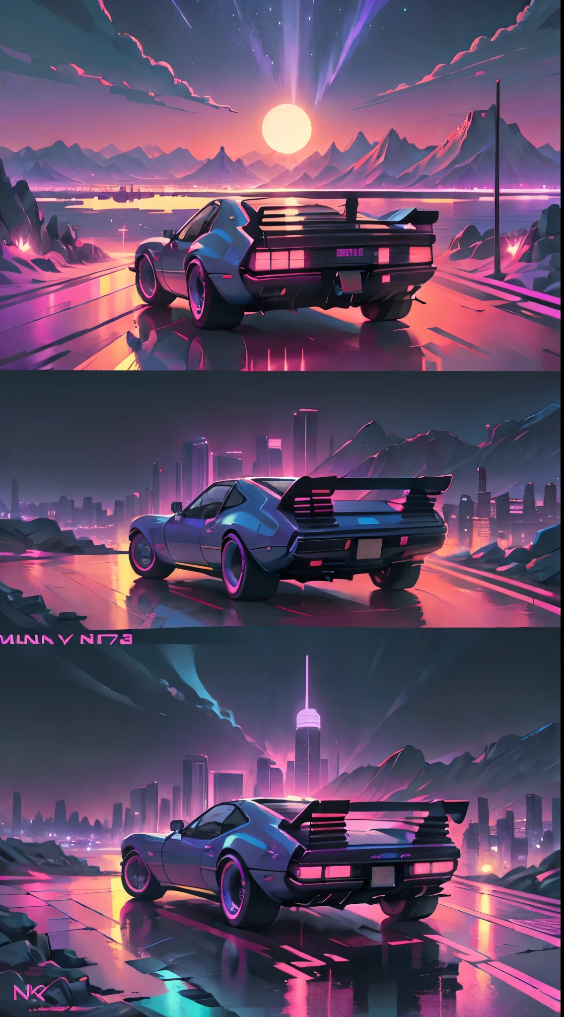 retrowave. city, 1969 Nissan S30, wide body kit, road,  purple neon lights, sun, mountain, 
(masterpiece,detailed,highres),