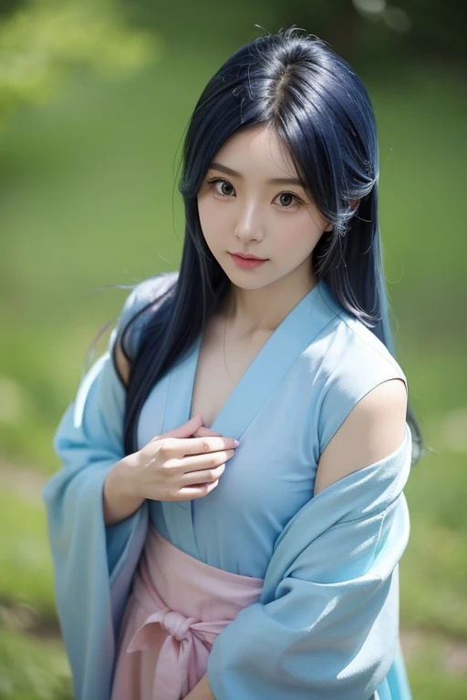 Taken with a phone camera、Are standing、Above the waist、Cute Japanese Women Photos、Normal chest、Long Hair、Blue Hair、Upper body、Face Focus、Cute clothes、Simple Background、From above、