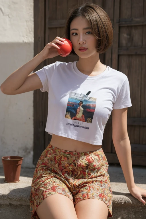 (Colourful Picture), Realistic photo of beautiful Asian、Abdos minces, (Highlight haircut with a cup:1.2), poitrine, poitrine de forme ronde, poitrine de forme parfaite,(( )),((Elle met son T-shirt ample par-dessus sa tête, )), ((culotte)), Alors qu'she confidently poses for the camera, , studio light, fond gris, Tout le corps
