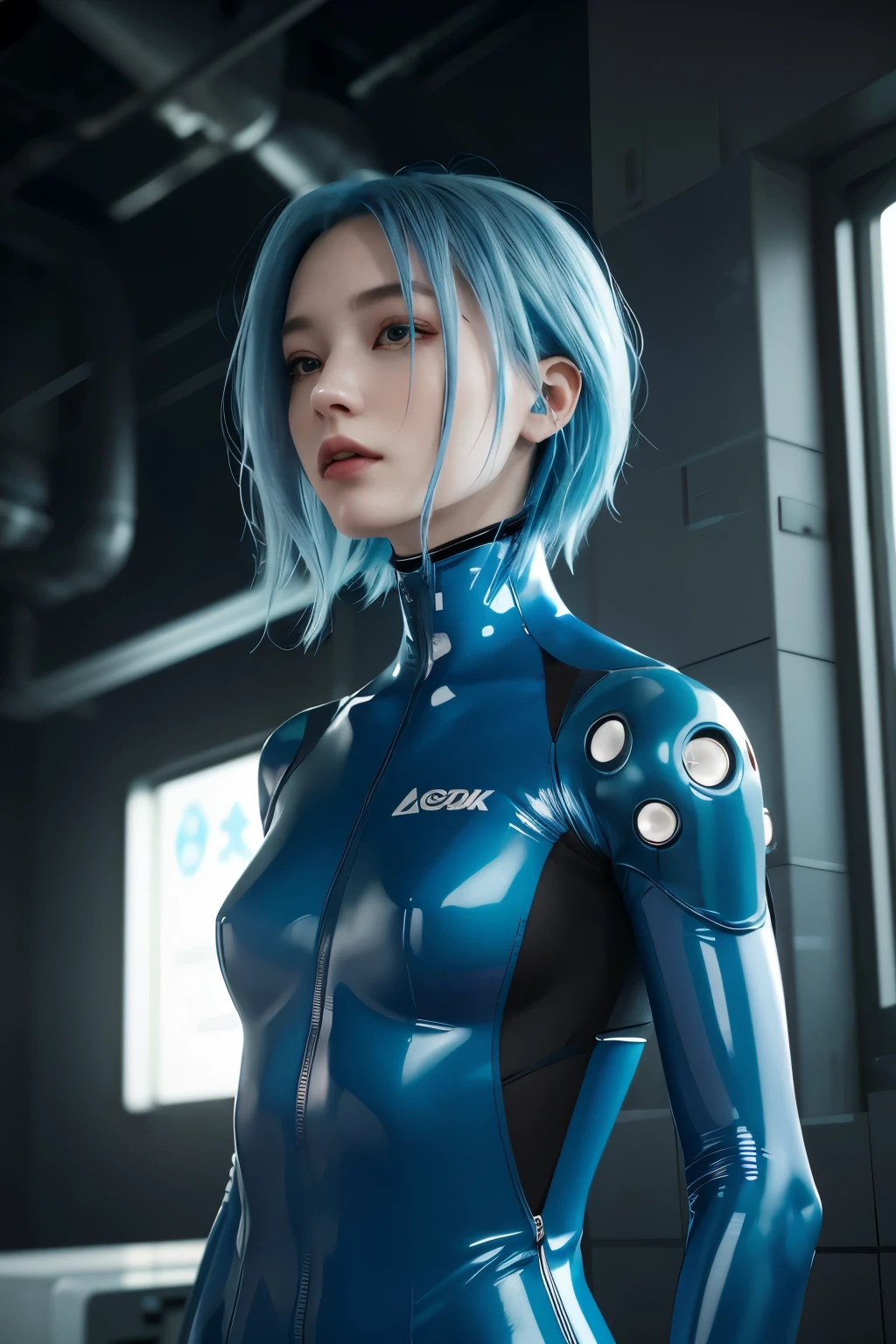 a close up of a woman with blue hair and a blue bodysuit with highly detailed machines, hyper-realistic cyberpunk style, body suit fashion model, dreamy cyberpunk girl, cyberpunk style, hyperrealistic, 3d render character art 8k, styled like ghost in the shell, beautiful cyberpunk woman model, inspired by Yanjun Cheng, highly detailed tentacle body, black background, masterpiece, award winning photography, natural light, perfect composition