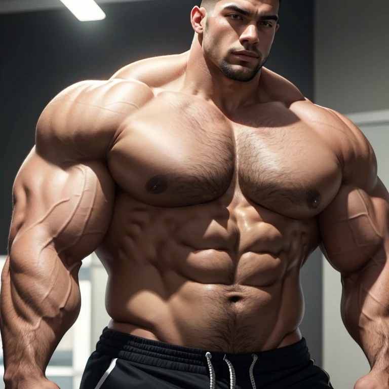 a handsome, robust man with a Mid fade haircut, no shirt, with massively large muscles, with a massively large, muscular and defined body, with massively, extremely, super large, wide and muscular arms, with his massively muscled biceps , extremely, super large, broad and muscular, massively large hyper body, with gigantic muscles, seen up close